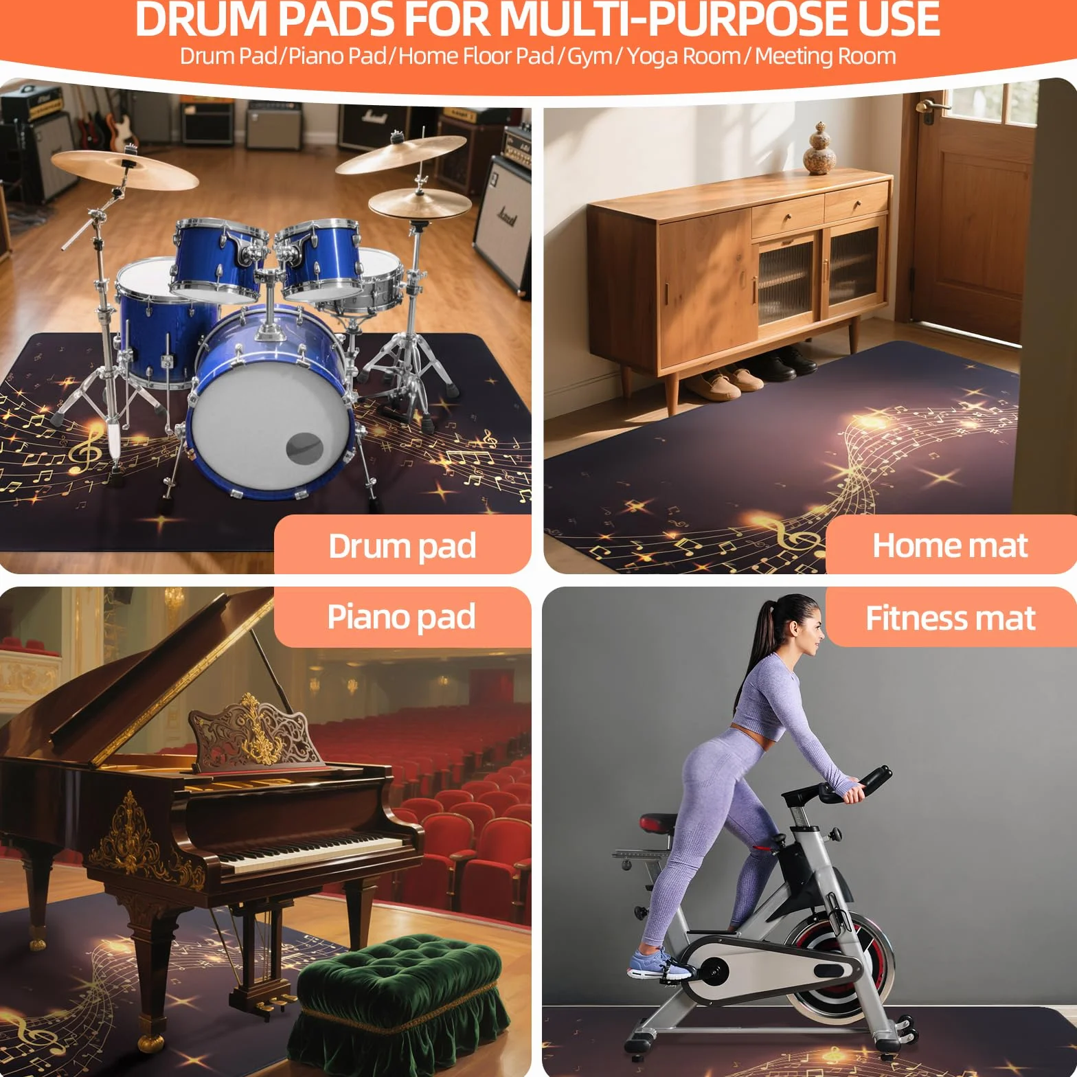 OUUTMEE Tappeto per batteria Drum Tappeto con motivo simboli musicali 182x122cm