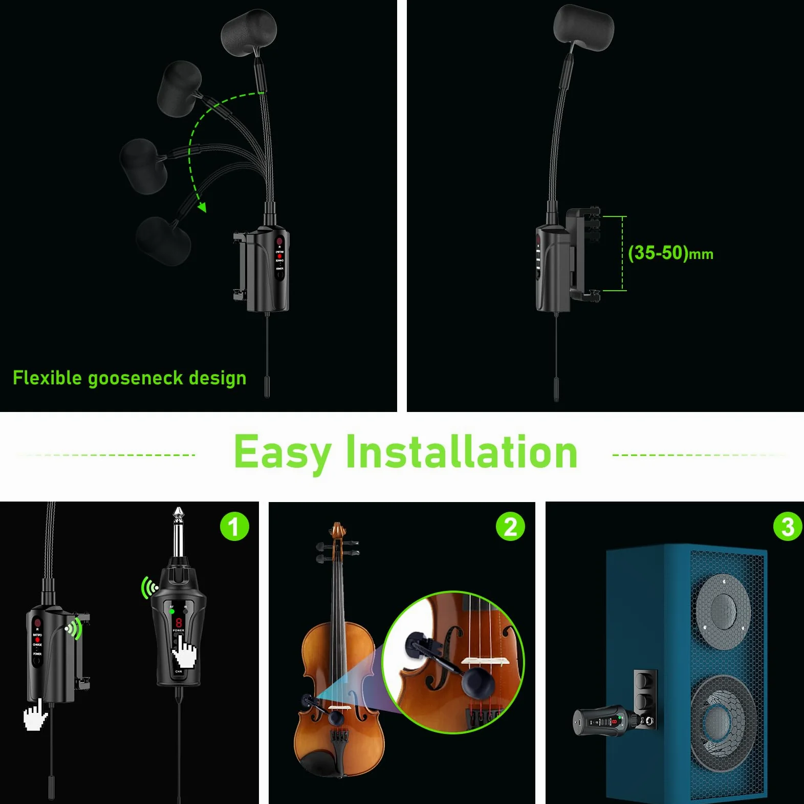 UHF Violin Wireless Microphone Pick Up Gooseneck Instrument Clip-on Mic Trasmettitore e ricevitore per altoparlanti attivi, sistemi PA attivi, VT-5