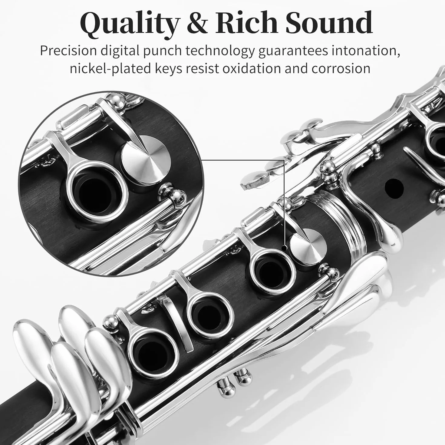 Clarinetto in Sib 17 Chiavi, B Flat Clarinetto per Principianti in Ebanite Nichelato, con Custodia Rigida Cleaning Kit, Strumenti a Fiato