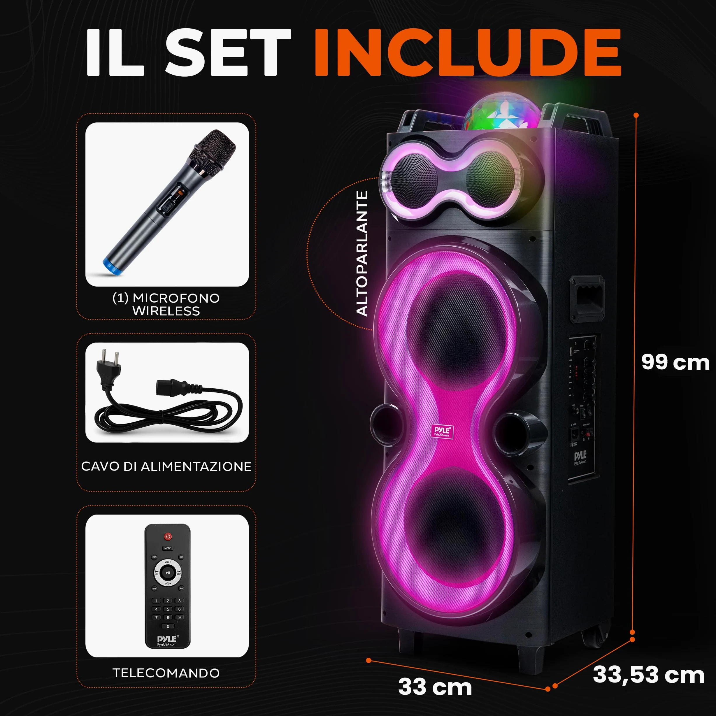 Pyle Cassa Bluetooth Potente 240 Watt, Speaker con Microfono Wireless, Altoparlante Bluetooth Portatile 25 cm, Karaoke, Batteria Ricaricabile, USB/SD/AUX/FM, LED, Esterno/Interno
