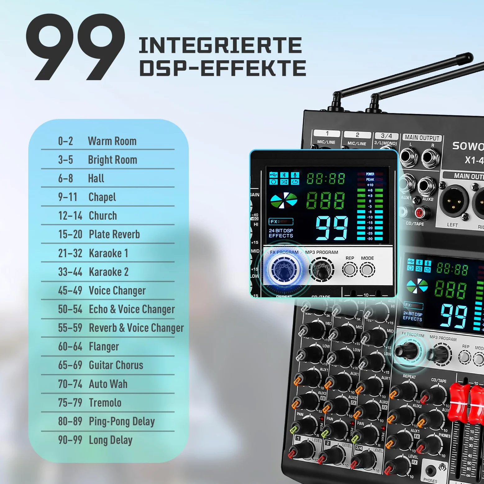 Mixer audio a 4 canali con 2 microfoni senza fili, console professionale DJ con 99 DSP MP3 Bluetooth 48 V alimentazione phantom PAD e interfaccia USB per registrazione, karaoke domestico e streaming