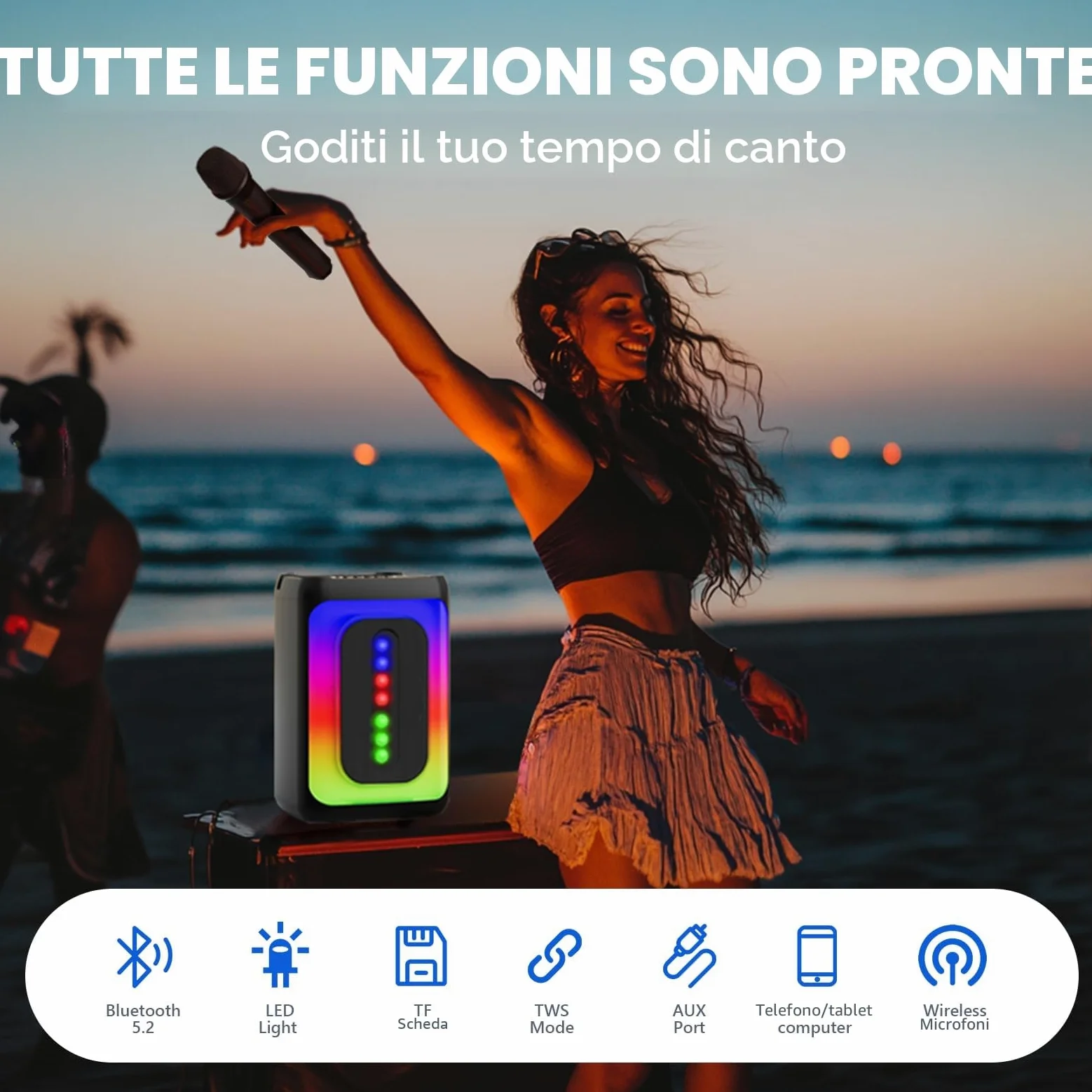 Ankuka Macchina per karaoke con 2 microfoni, altoparlante Bluetooth portatile con luci LED, TF/USB, FM, AUX, TWS, per feste e adulti, regalo per amici e familiari (nero)
