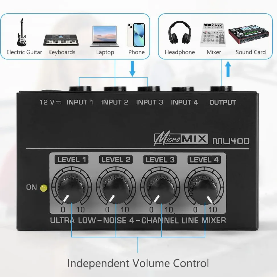 OFFCUP Mixer Audio, 4 Canali Mini Mixer Audio, Audio Mixer Portatile 4in1out, Mixer Basso Rumore per Microfoni Chitarre Bassi Tastiere e Mixer di Palco -Nero