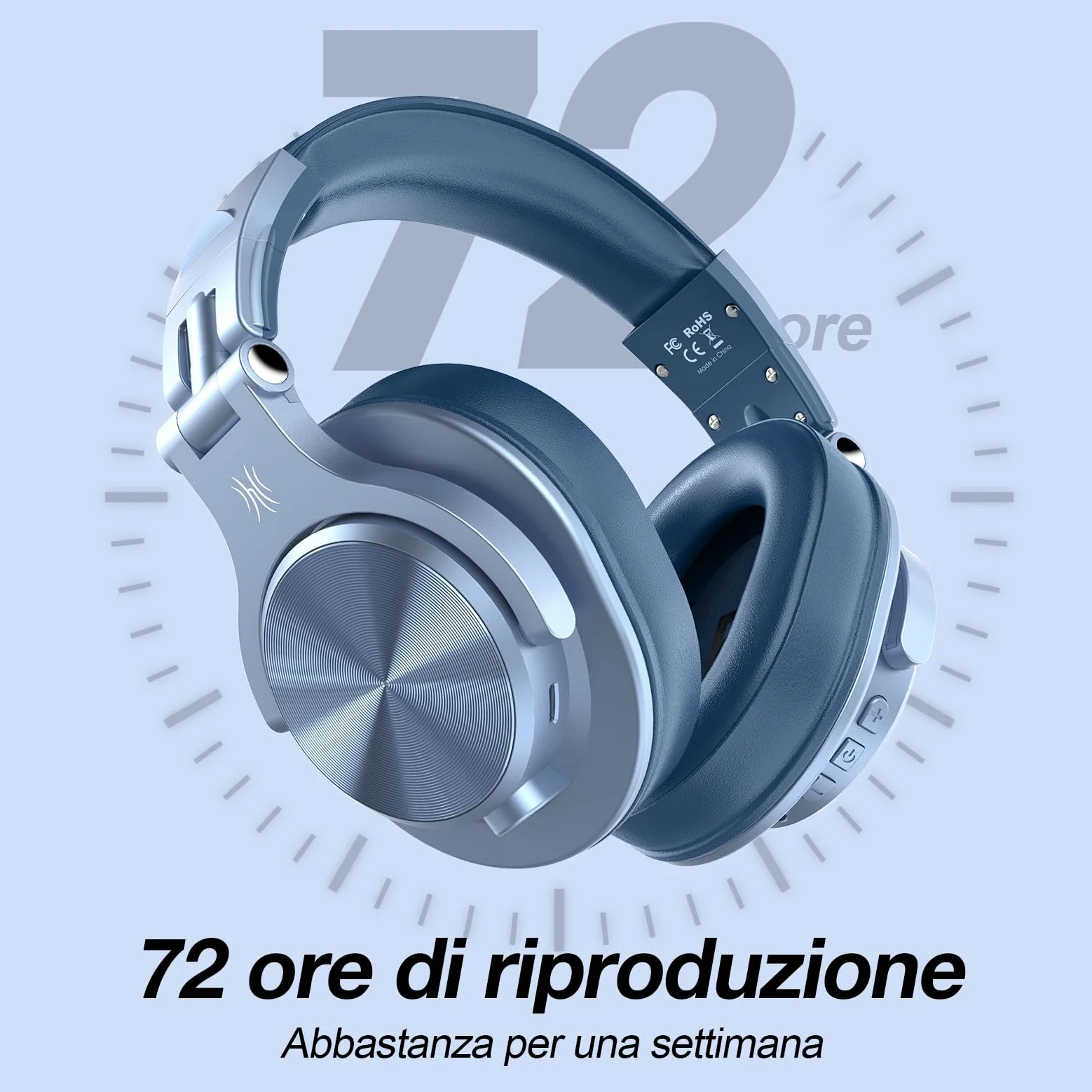 OneOdio A70 Cuffie Bluetooth Over Ear, Cuffie Cablate e Wireless Cuffie Stereo con Microfono, 72 Ore di Riproduzione, CVC 8.0, Jack 3,5 e 6,35 mm, Pieghevole/per DJ/Chitarra/Cellulare/PC (Blu)