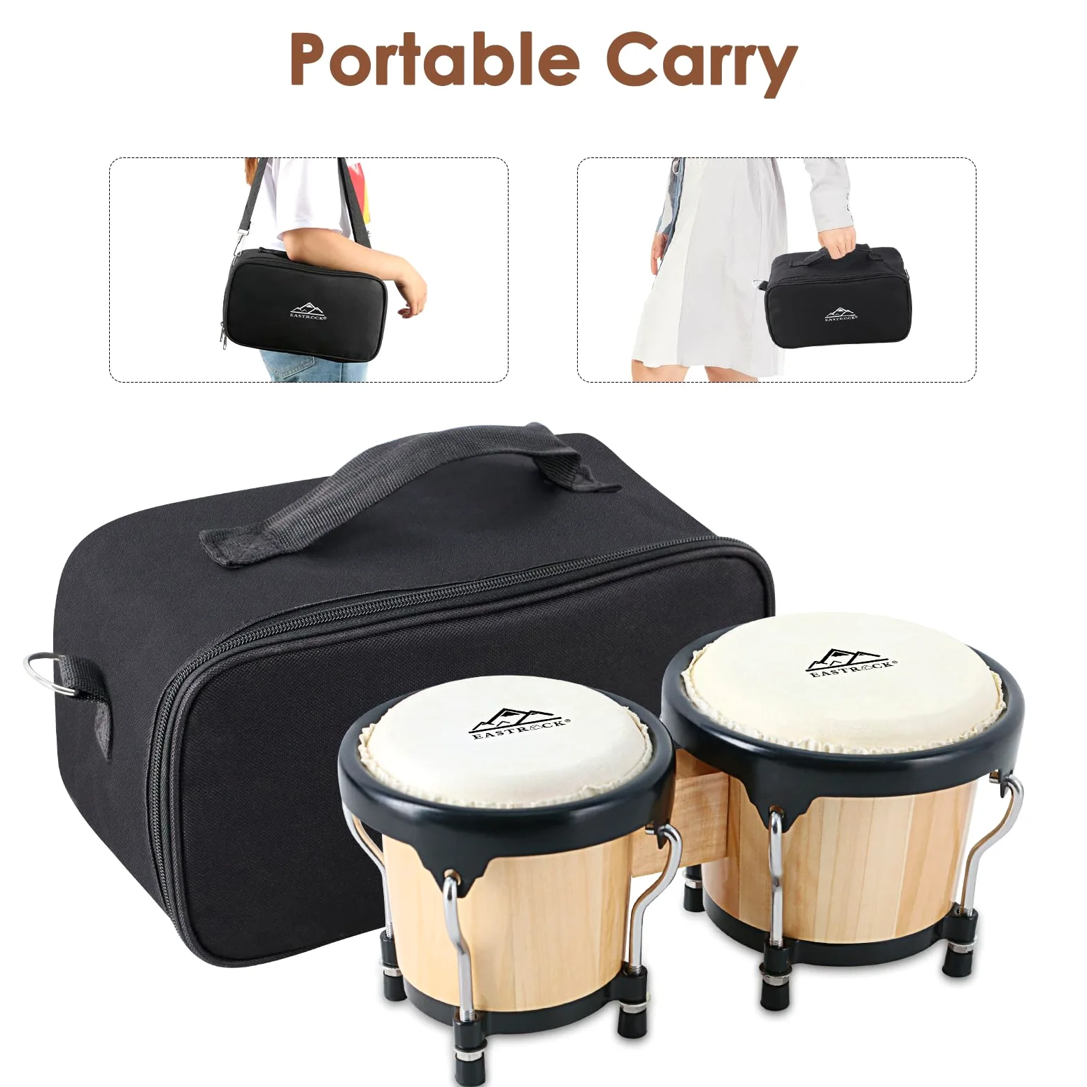 EASTROCK Bongo Drum 4" e 5" Set Per di tamburi per adulti,principianti,per professionisti, strumenti a percussione in legno e metallo con chiave sintonizzabile