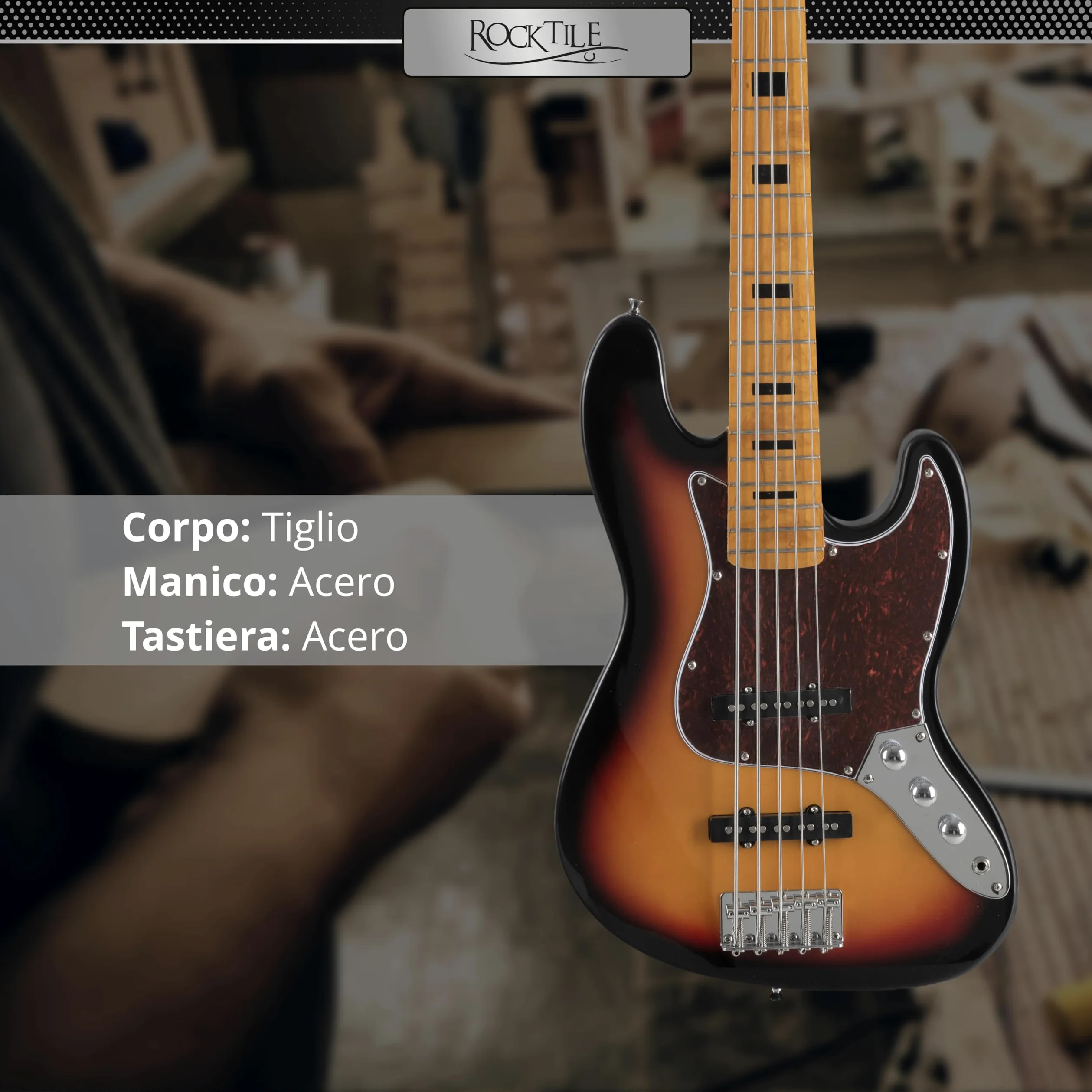 Rocktile Pro JBS50-SB Basso Elettrico - Basso 5 corde stile JB con corpo in tiglio - manico in acero e tastiera in acero - 2x Single Coil pickup - 2x Volume, 1x Tone - Mensura 34" - Sunburst