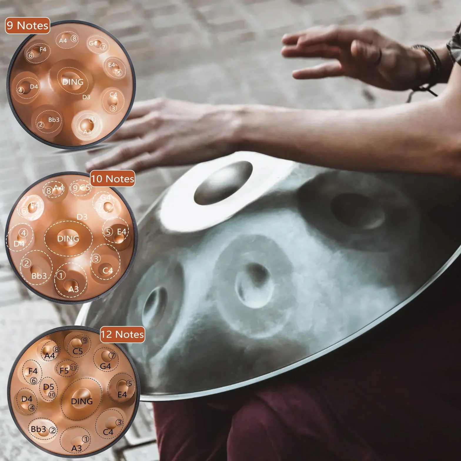 Handpan Drum 432Hz/440Hz, 9/10/12 Note Strumento A Percussione da 55cm con Treppiede, Handpan in Acciaio per Meditazione, Yoga E Guarigione Sonora (Color : 440Hz, Size : 12 Notes)