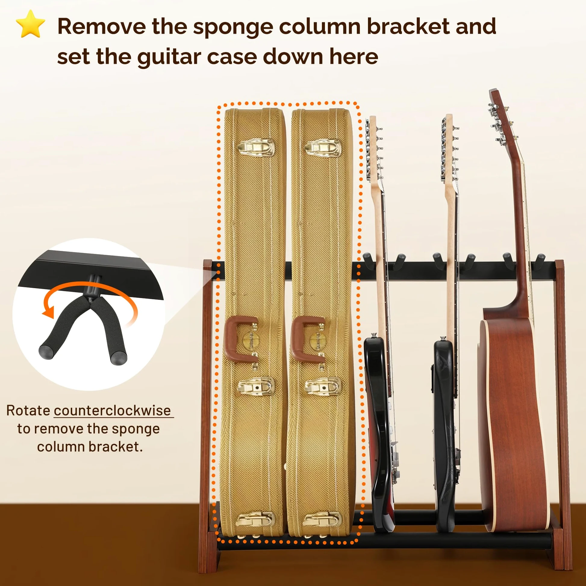 CAHAYA Supporto Multi Chitarre in Legno - Stand da Pavimento per 5 Chitarre Pieghevole e Portatile per Chitarre Acustiche, Elettriche, Classiche e Basso - Espositore per Casa e Studio