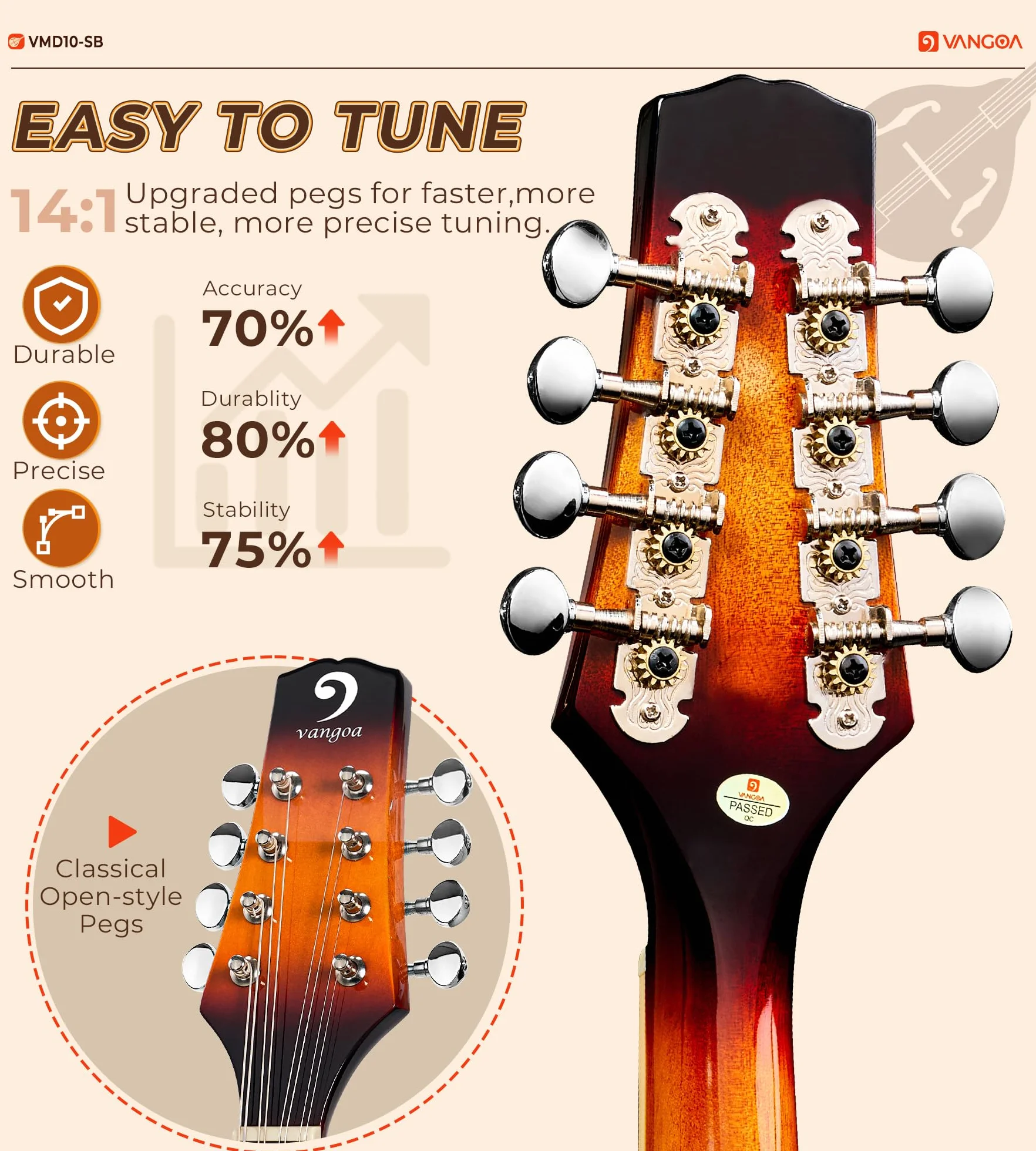 Vangoa Acustico Mandolino Strumento A-stile Mandolin Bluegrass Mandolino a 8 corde per Principiante, Sunburst