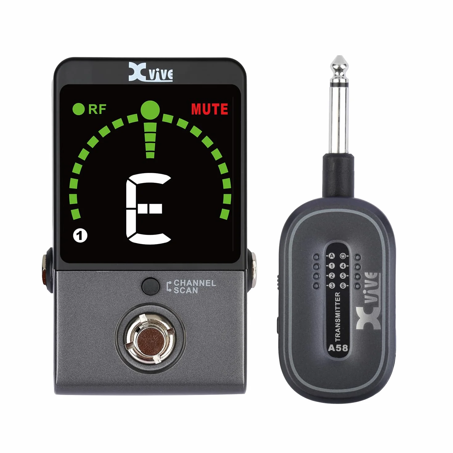 Xvive - P58 - Sistema a Pedale Wireless per Chitarra Basso Acustica - Trasmettitore a 5,8 GHz e ricevitore a pedale con accordatore cromatico, compatibile con pickup attivi o passivi piezoelettrica