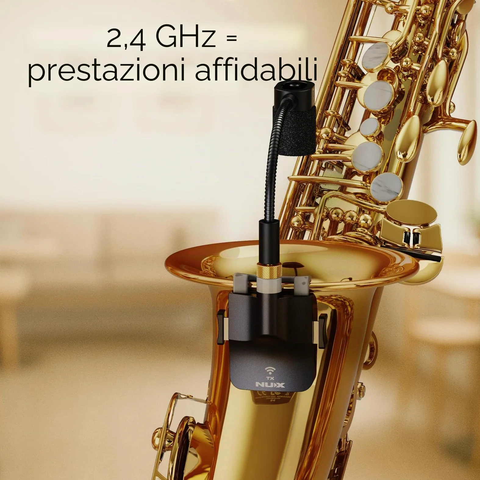 NUX B-6 - Sistema wireless per sassofono con custodia ricaricabile, portata 20m, audio 24 bit/44,1 kHz, microfono senza fili 2,4 GHz