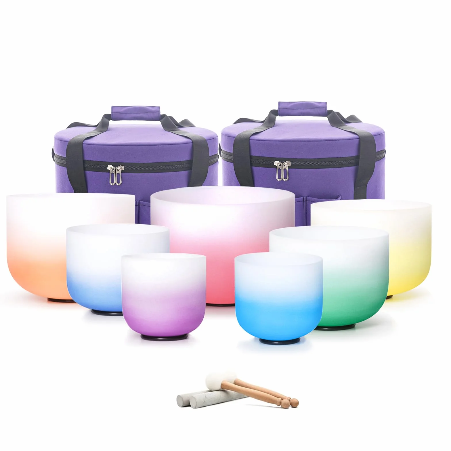 Hye-eun 7 campane tibetane in cristallo da 17,8 a 30,5 cm, 432 Hz, per yoga, meditazione, con custodia resistente (sfumato colore, 7 pezzi)