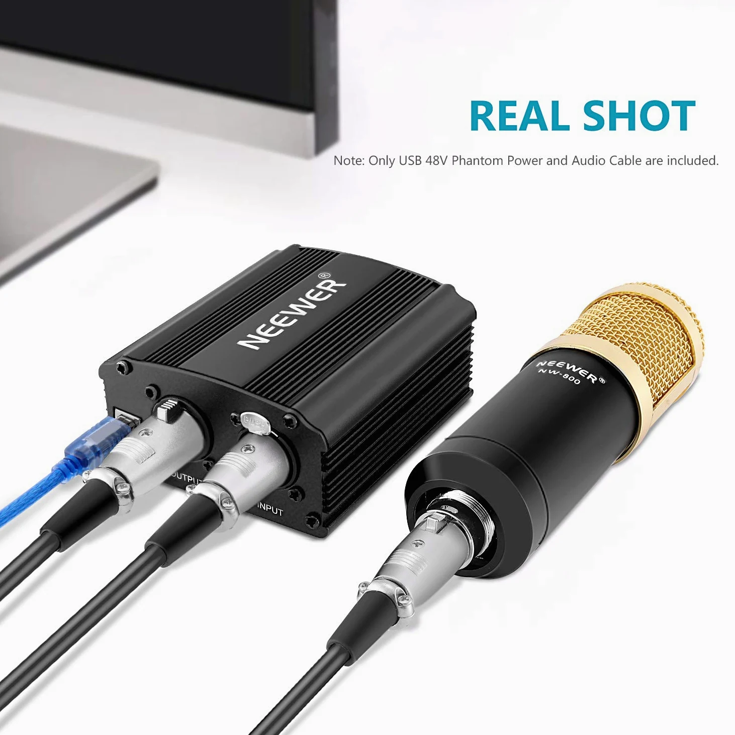 Neewer Alimentazione 48V Phantom 1 Canale con 1,5m Cavo USB & Cavo Microfono 3 Pin XLR per Qualsiasi Microfono a Condensatore Impianto di Registrazione Musicale