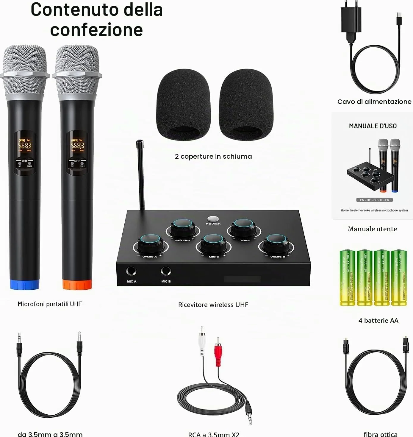 Sistema microfonico wireless, microfono karaoke UHF, microfono wireless per karaoke, matrimonio, roadshow, conferenza, festa, set karaoke completo con microfono wireless