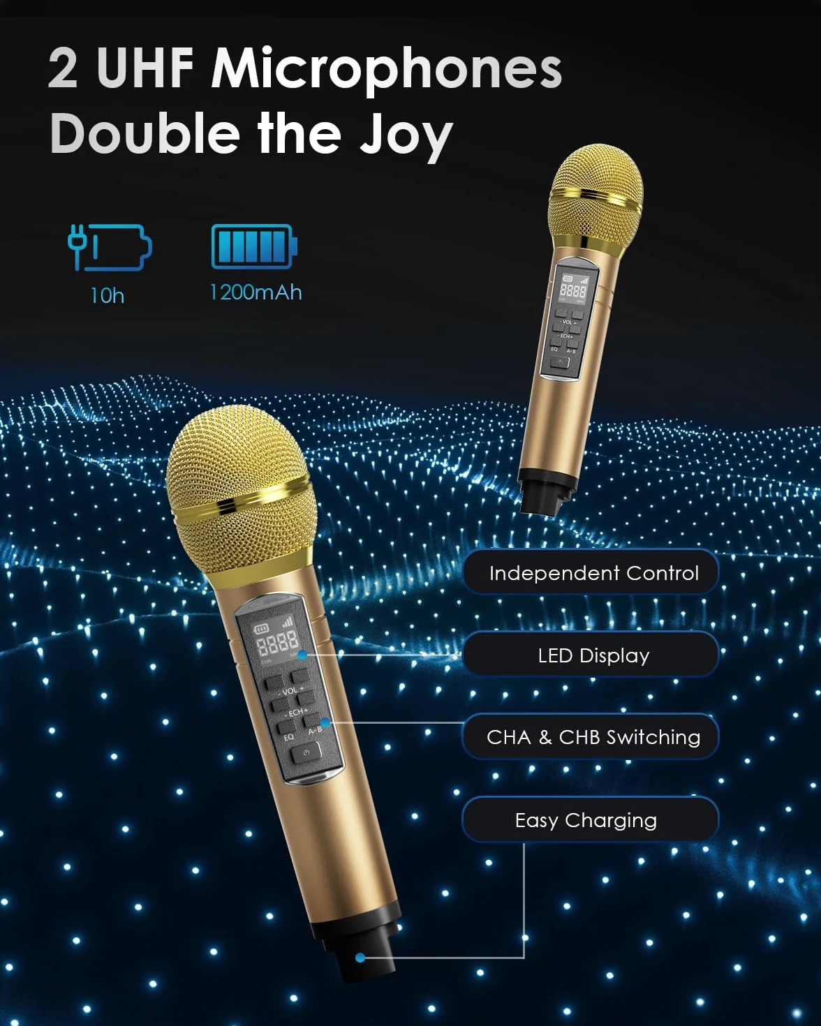 Karaoke Macchina portatile Karaoke professionale con 2 microfoni wireless UHF, sist. PA con lampada DJ, ideale per karaoke familiare, feste di canto, feste di matrimonio, matrimonio