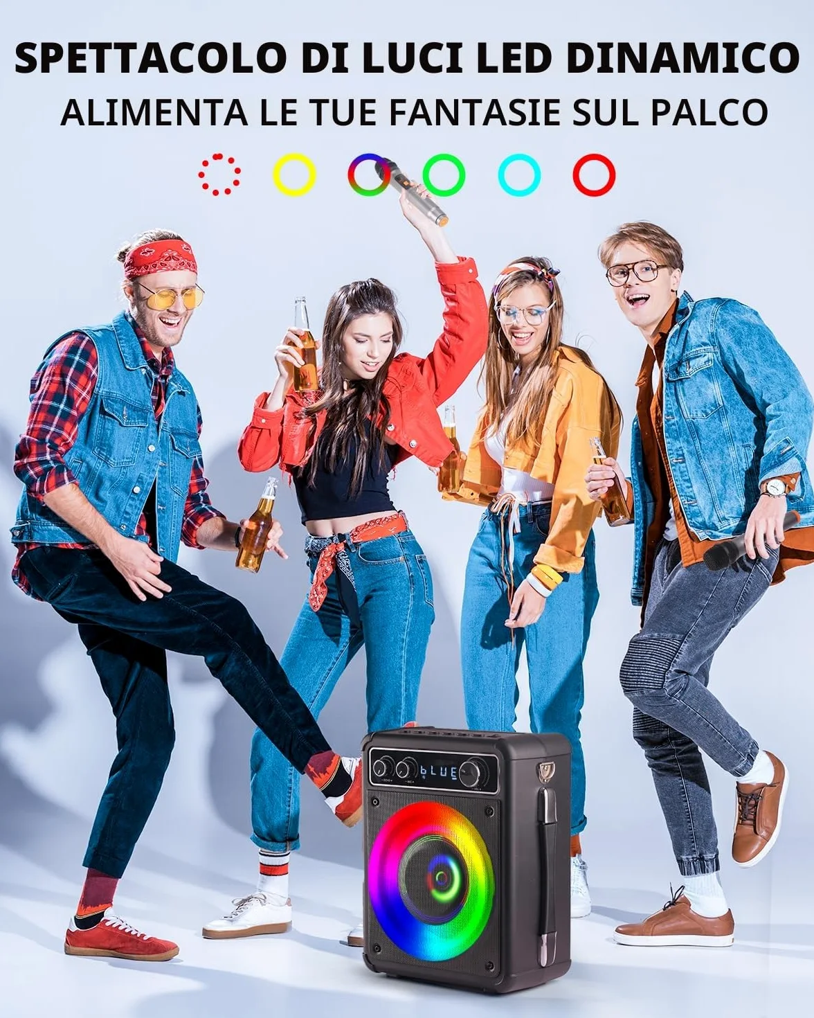 BONAOK Karaoke Machine, Sistema Karaoke Bluetooth con 2 Microfoni, Macchina Ricaricabile per il Karaoke Party, Music Box con Effetto Luci, Supporto TF USB per Home Party