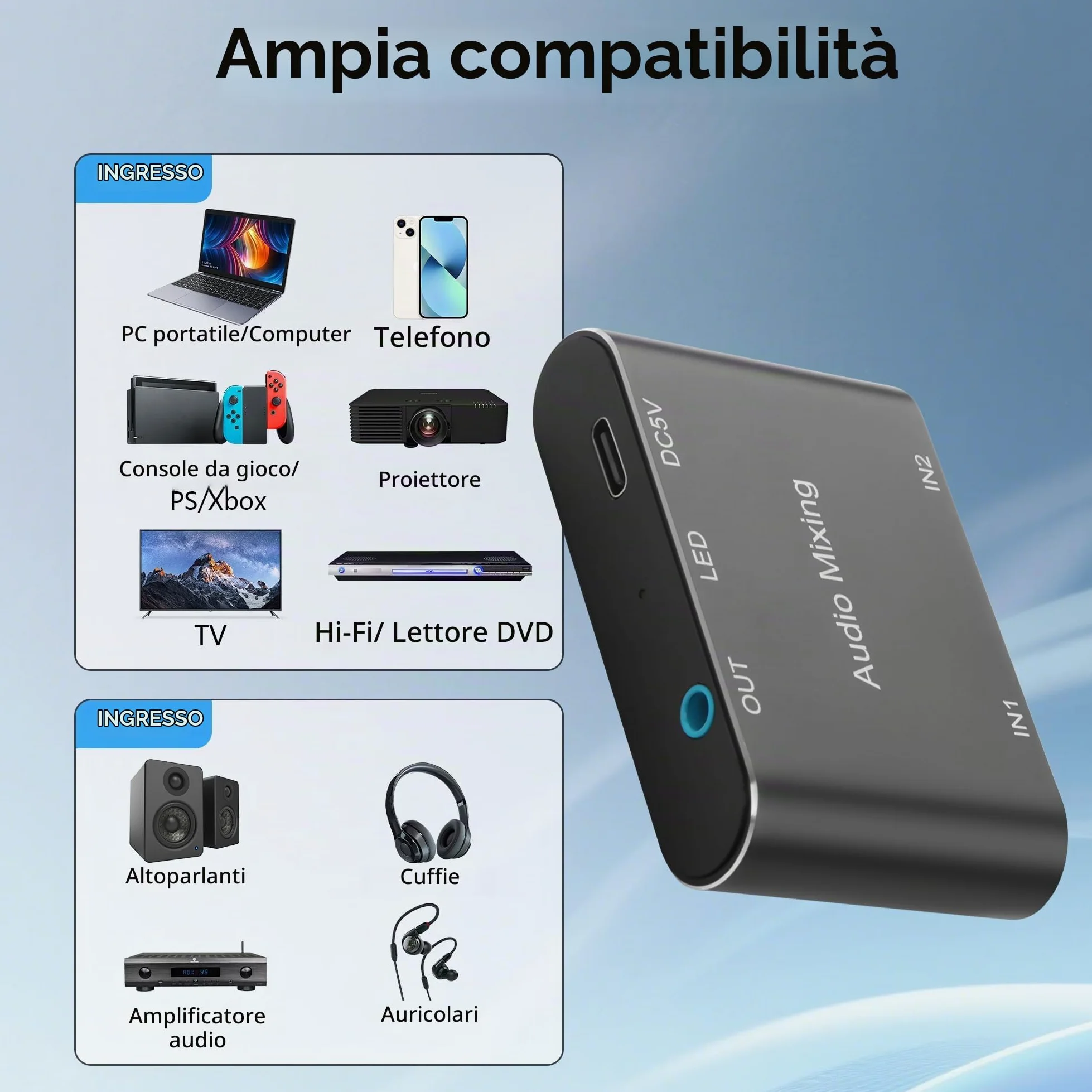 GINTOOYUN Mixer audio stereo da 3,5 mm 2 in 1 out mini mixer audio stereo da 3,5 mm con cavo di ricarica USB da 1,64 m per laptop, telefoni, cuffie, altoparlanti, ecc