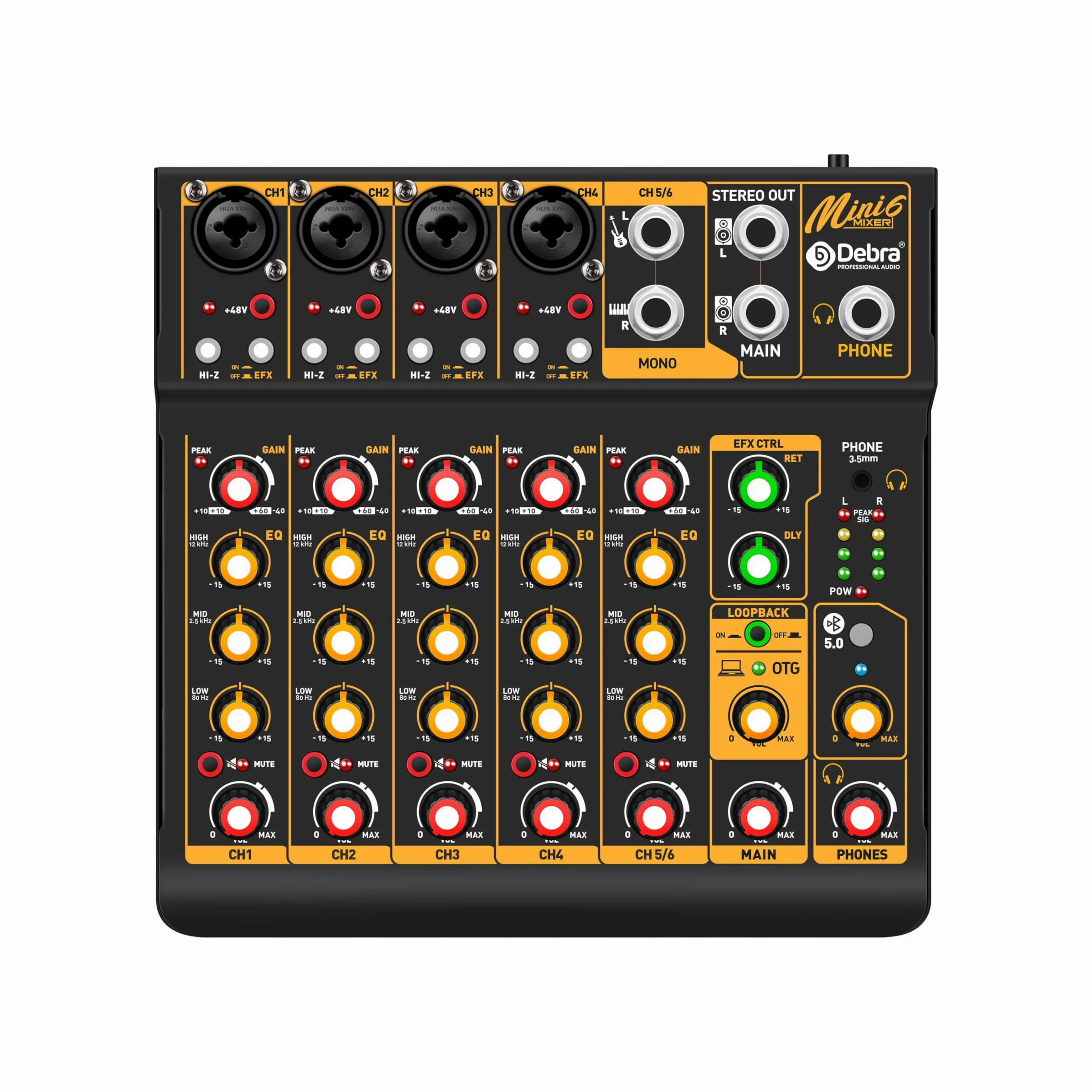 Mini6 Mixer Audio Professionale per DJ – Mixer a 6 Canali con Interfaccia USB, Bluetooth e Alimentazione Phantom 48V – Ideale per Streaming, Podcasting e Performance Live