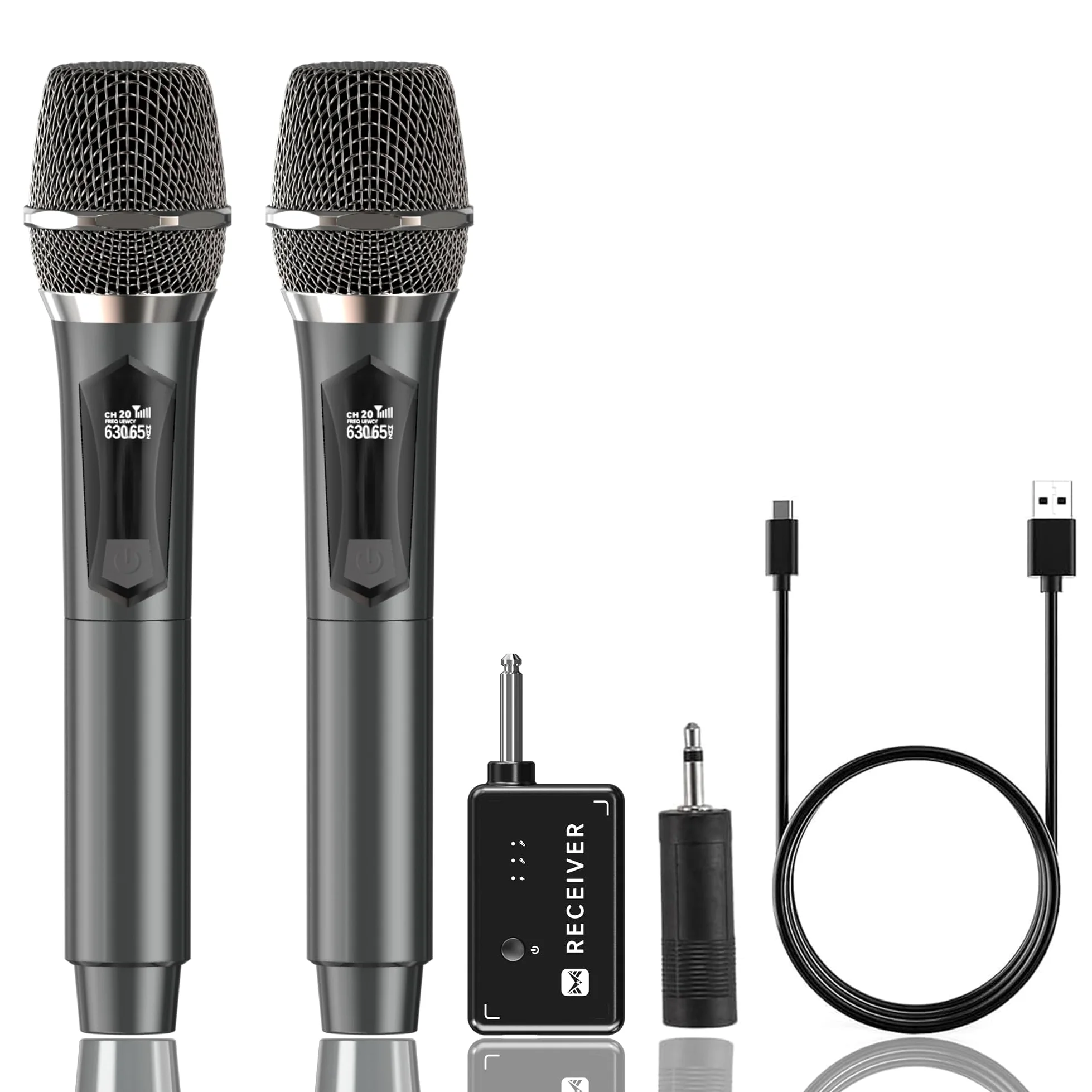 MAILANGSHI Microfono Wireless, sistema di microfono cordless portatile doppio in metallo ricevitore ricaricabile, durata 50ore, portata 200 piedi, microfoni per karaoke per canto karaoke (Grigio)