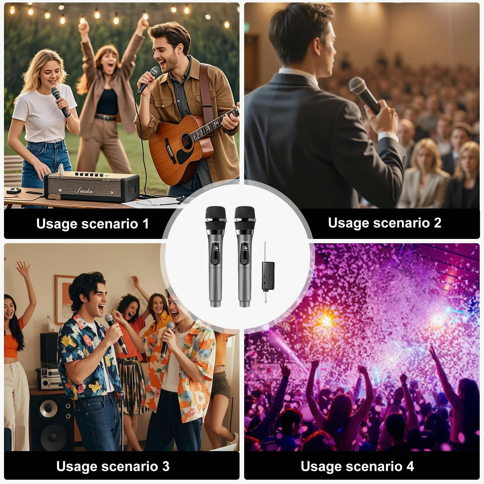 PORFOYO Microfono Senza Fili, Set da 2 Microfoni UHF, Set di Microfoni con Ricevitore Ricaricabile, Doppio Microfono a Mano, Portata 50m per Karaoke, Canto, Festa, Palcoscenico, Matrimonio, DJ
