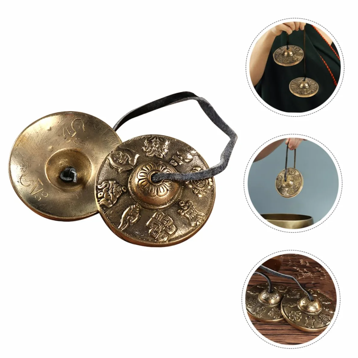 Cimbali in Rame Dorato per Meditazione e Rituali Motivi Vintage di Buon Auspicio, Strumenti Percussivi Etnici per Benedizione ed Esorcismo