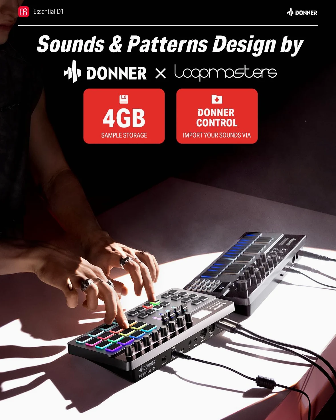 Donner Essential D1 Finger Drum Machine & Step Sequence Combinato, Boast Color-Coded UI, 12 tracce Sample, 16 RGB Beat Pad, 64 Modelli di Battitura Preimpostati, 5 Encoder Senza Fine