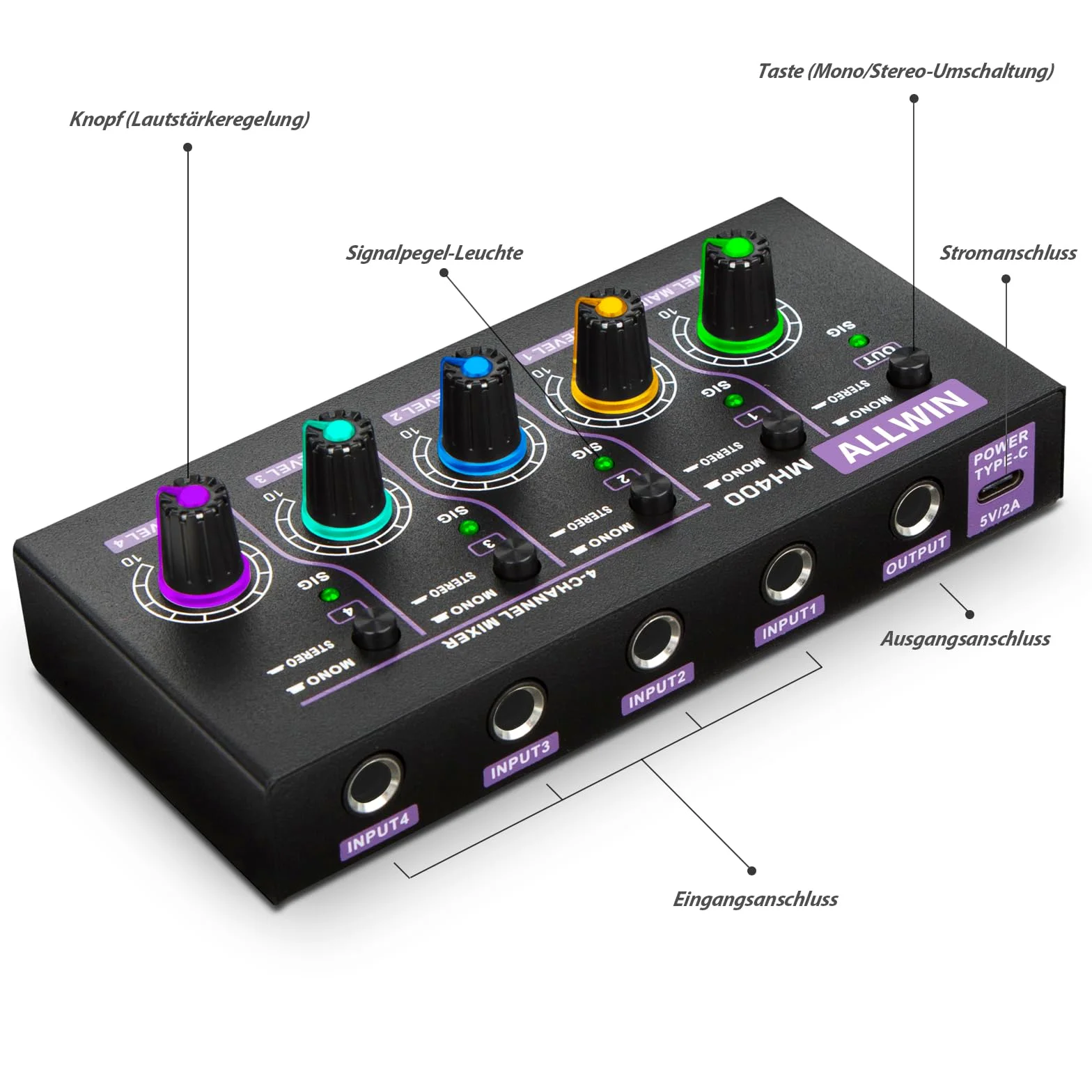ALLWIN Mixer a 4 canali, mini mixer audio portatile 4in1out basso rumore DC5V supporto mono e stereo, per chitarre/bassi/tastiere/mixer/strumenti