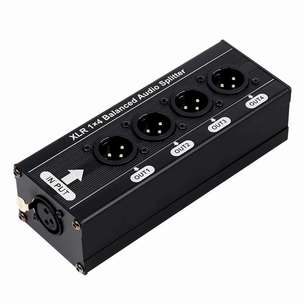 Splitter audio XLR bilanciato, 1 x 4, 3 pin, 1 ingresso in 4 uscite, scatola alimentazione