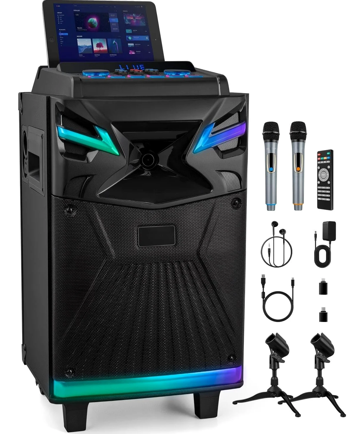 Casse karaoke professionale completo con 2 microfoni wireless, Altoparlante portatile Bluetooth con Luci per feste, Woofer da 10" Sistema PA, effetti sonori/luci DJ/radio FM GTSK10-1