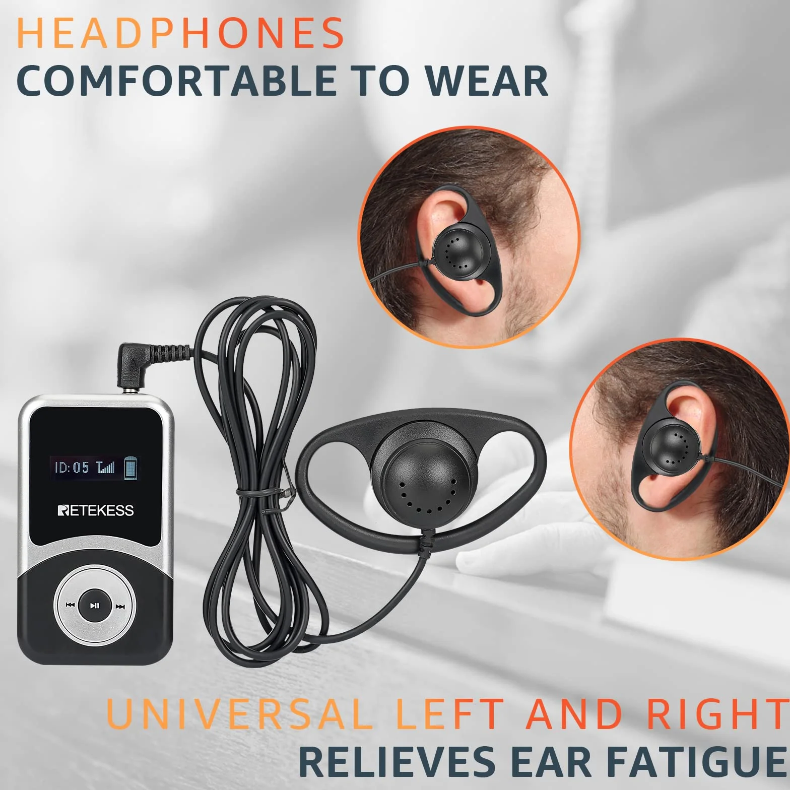 Retekess T130S (T130 2rd) Sistema di Audio guida, Sistema di Guida Wireless, Operazione con un Clic, 100m, Cuffia D, Tasto Muto, per Turismo, Fabbrica (1 Trasmettitore 5 Ricevitori)