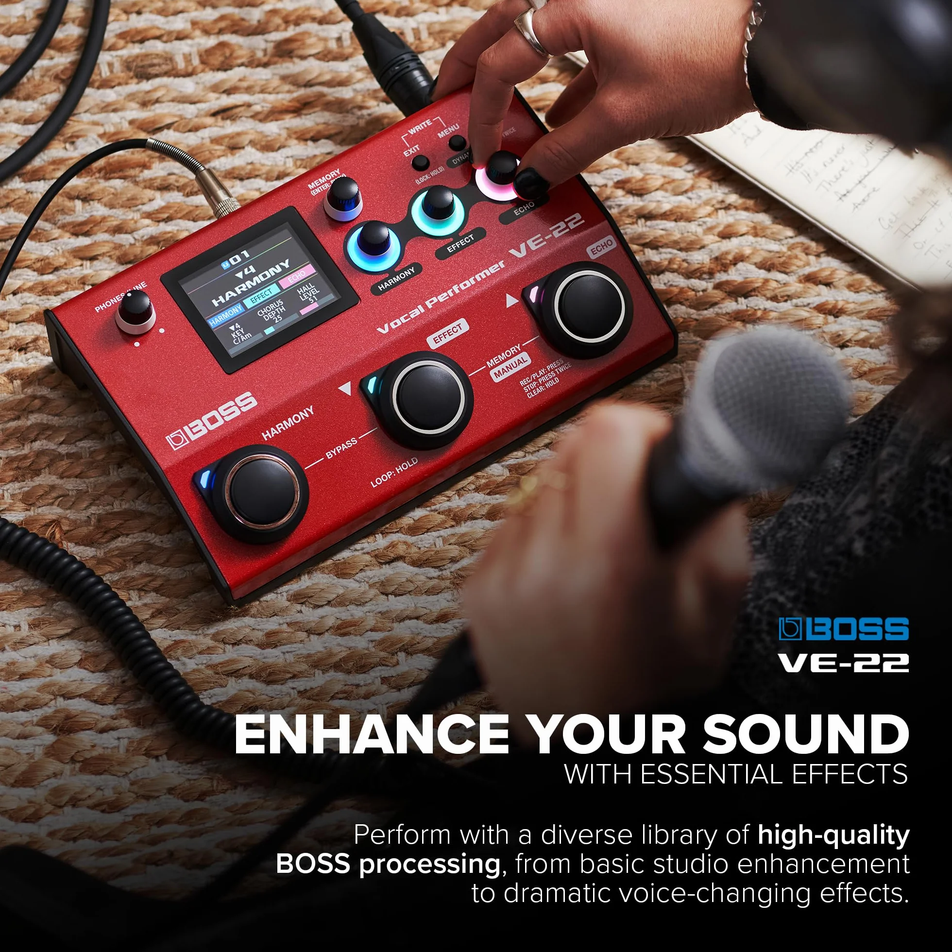 BOSS VE-22 Vocal Performer | Processore Multi-Effetto Avanzato per i Cantanti | Potenti Funzioni di Armonizzazione e Doubling | Correzione Automatica dell'Intonazione | Ideale per Esibirsi sul Palco