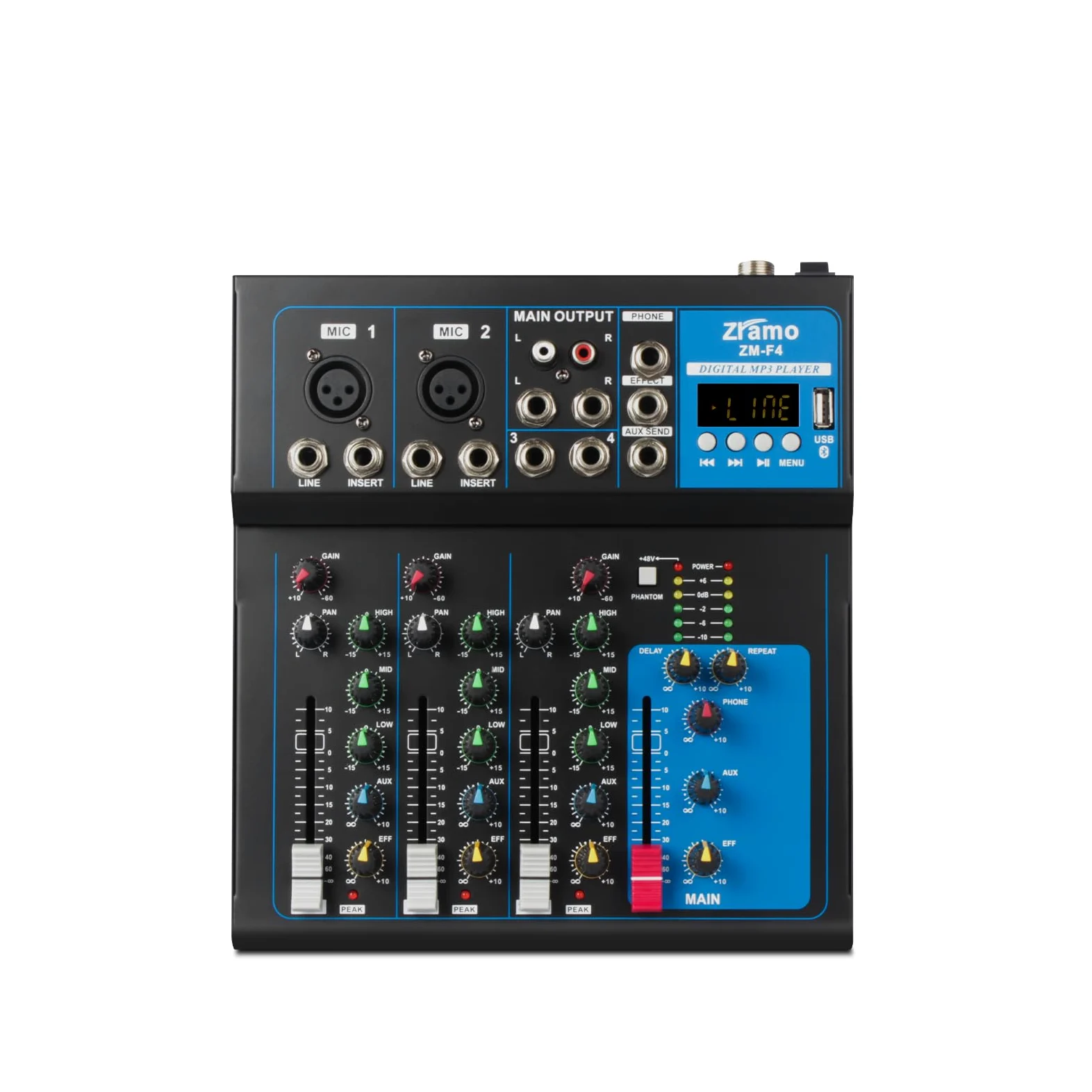 Professional Audio Mixer for keyboard guitar mics with Bluetooth, 4/7/10 Channel Mixing Console with USB Clean Audio Interface,Ideal for Rehearsals,Church and Karaoke live show (ZM-F4)