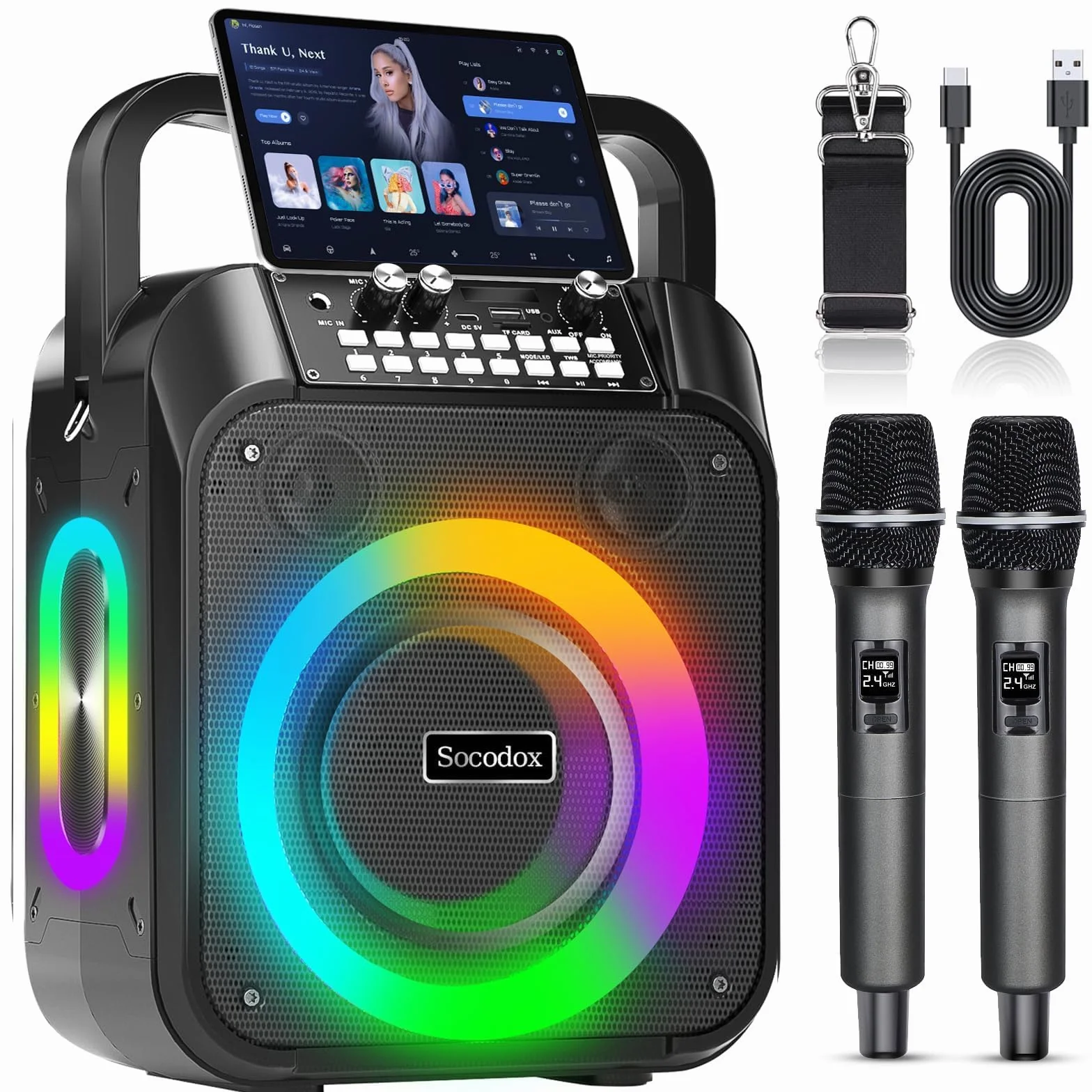 Macchina Karaoke, Altoparlante Bluetooth Portatile con 2 Microfoni Wireless, Batteria 6000mAh 8H Riproduzione,Stereo TWS,Luci RGB,Sistema PA Dual Bass Boost per Adulti,Bambini,Feste,Canto,DJ