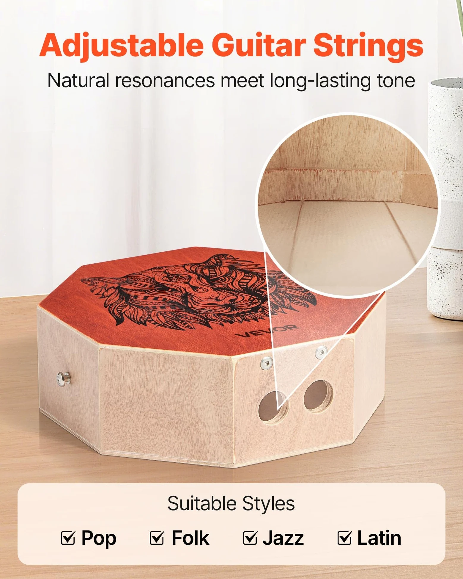 VEVOR Cajon Box Drum Unico, Con Corde per Chitarra Interne, Scatola di Percussioni in Legno Portatile, Strumento Musicale Portatile in Legno di Betulla con Tracolla Regolabile, 295 x 295 x 100 mm