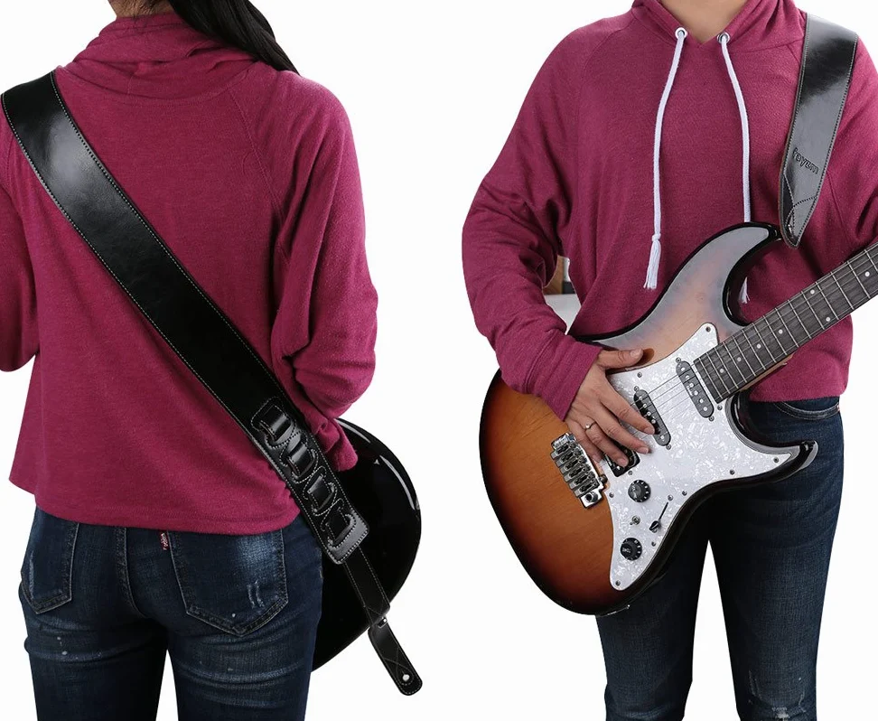 Rayzm Tracolla per Chitarra e Basso con Retro Scamosciato, Tracolla in Vera Pelle per Chitarra Acustica, Elettrica e Basso, Larghezza 6.5 cm, Lunghezza Regolabile da 108 cm a 140 cm