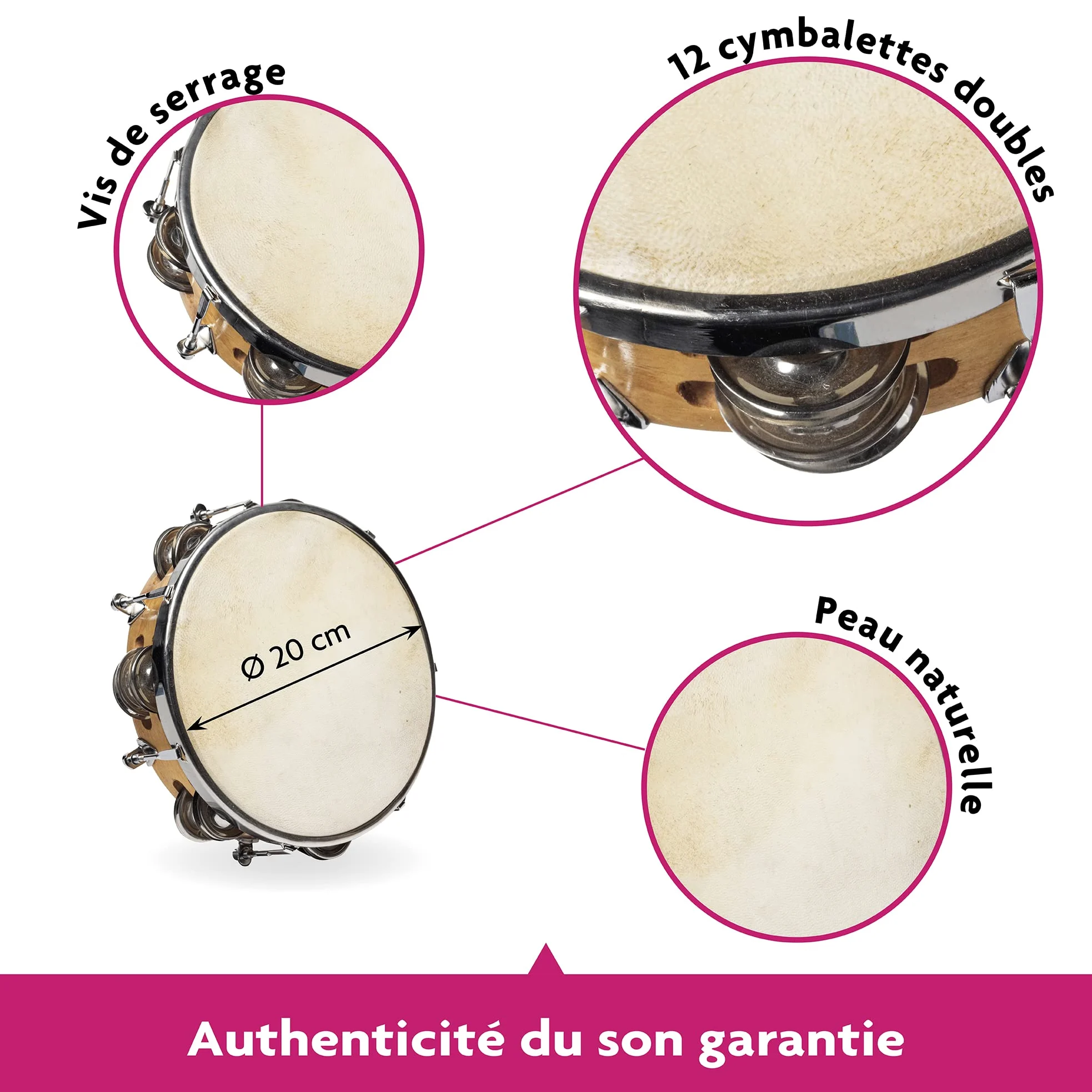 Fuzeau 3991 - Tamburello con pelle naturale, 20 cm, con sonagli