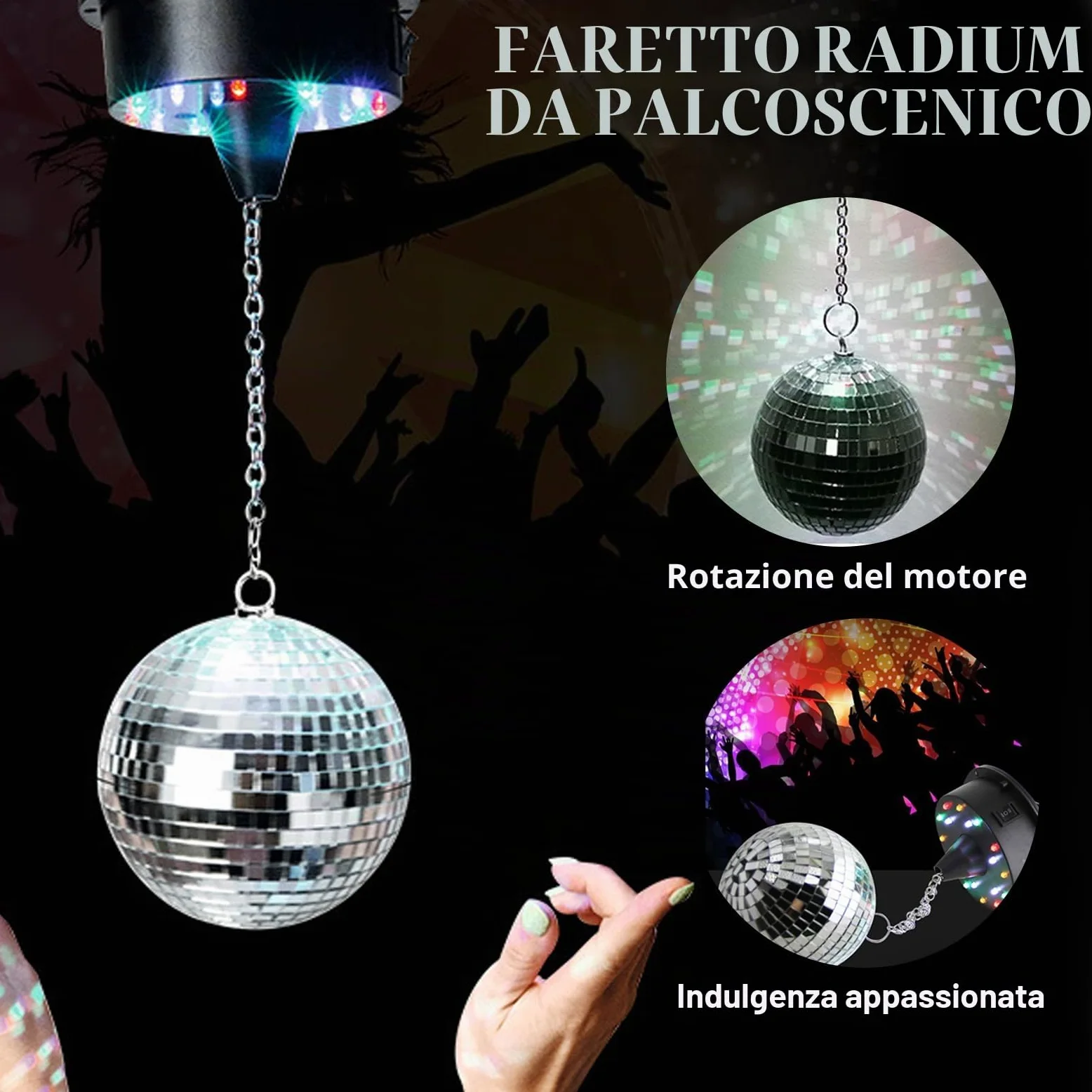 Sfera da discoteca 12 cm con motore e LED, Sfera a specchi rotante con 18 perline LED, alimentata a batteria, palla da discoteca con occhiello metallico, decorazione palla da discoteca per feste