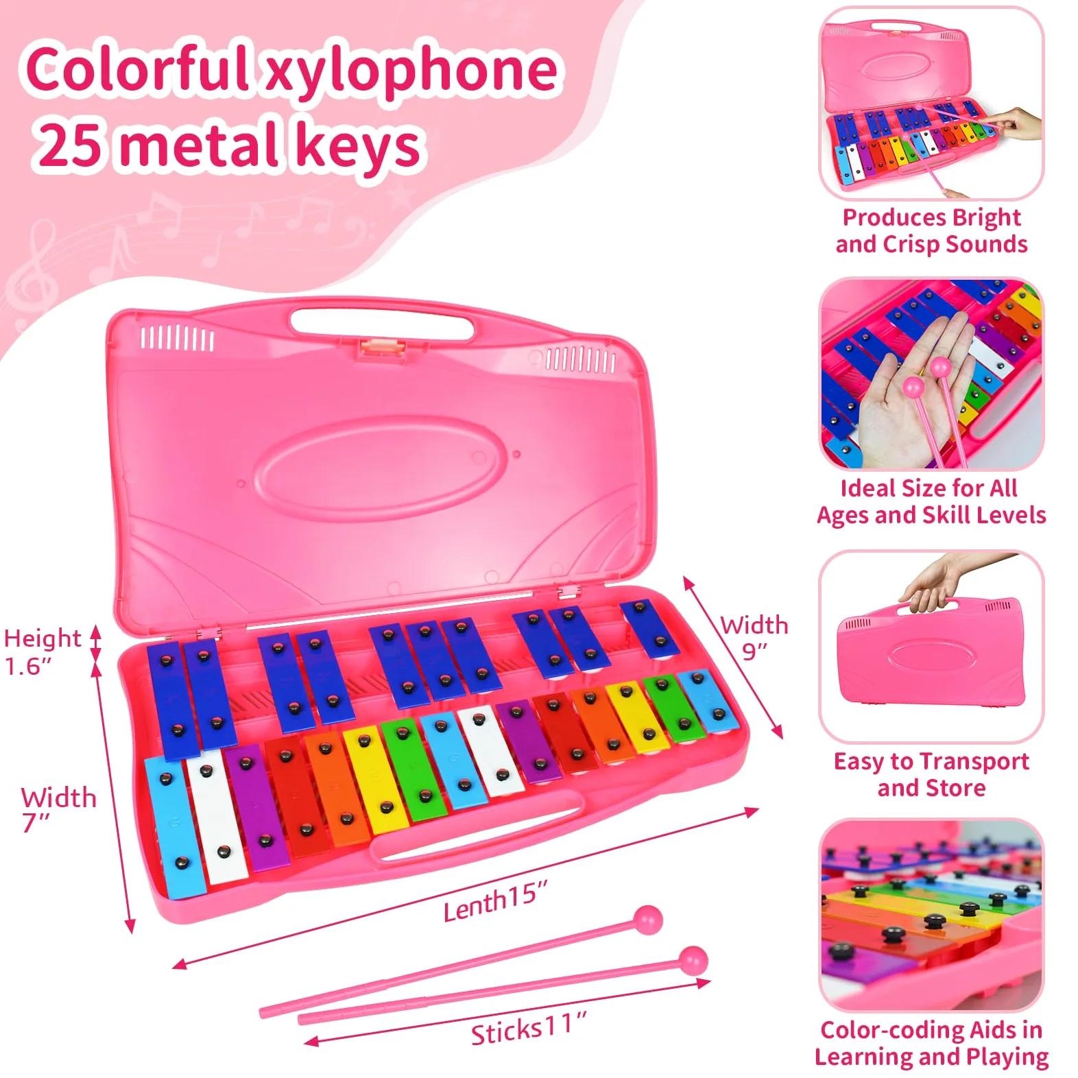 Glockenspiel - Xilofono con 25 note, tasti colorati in metallo con mazzuole, strumento musicale a percussione, insegnamento musicale educativo per principianti, rosa