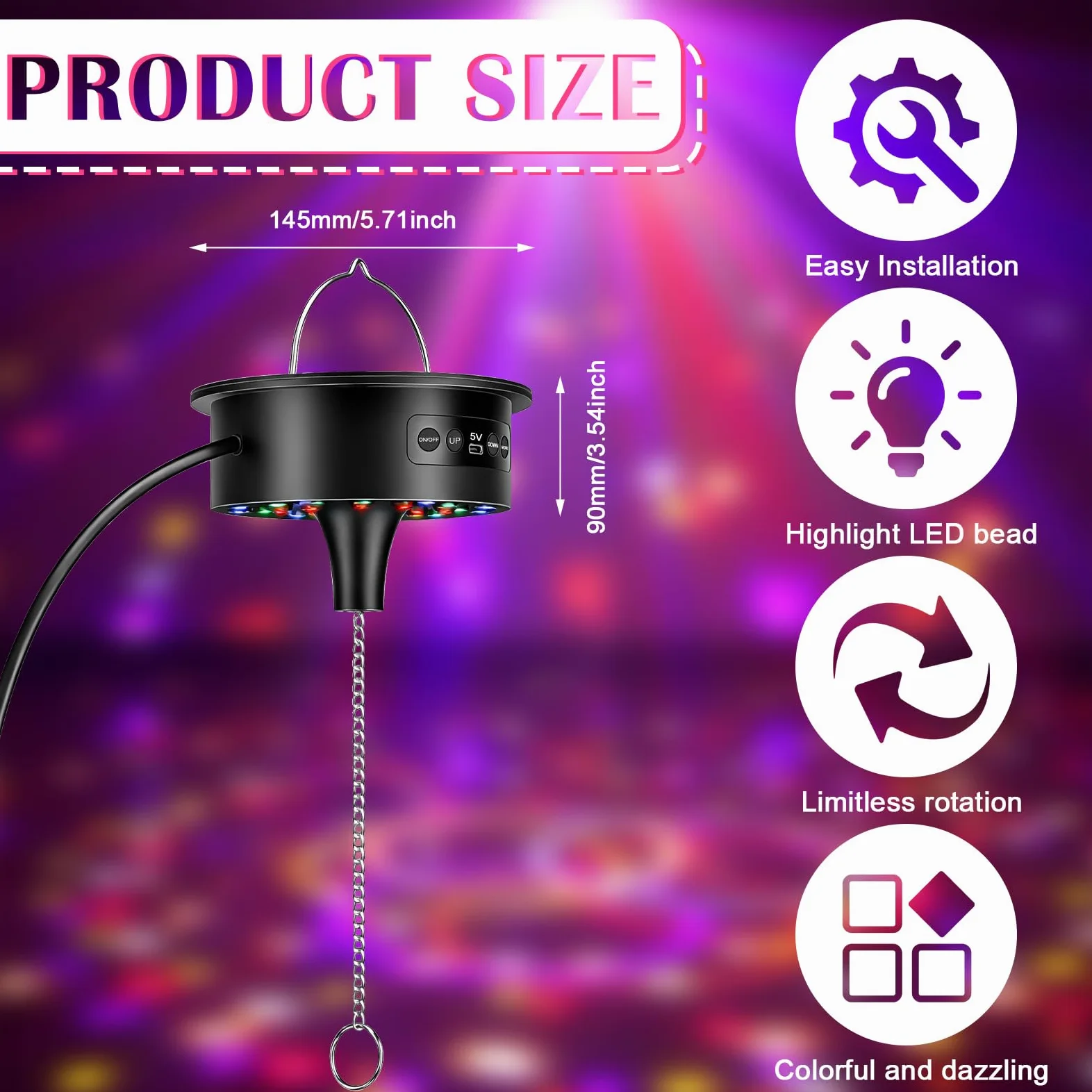 Sfera da discoteca motore con luce a LED, motore rotativo con telecomando, 30 perline LED, luce da discoteca, velocità di rotazione regolabile, azionamento silenzioso per sfera da discoteca, festa DJ