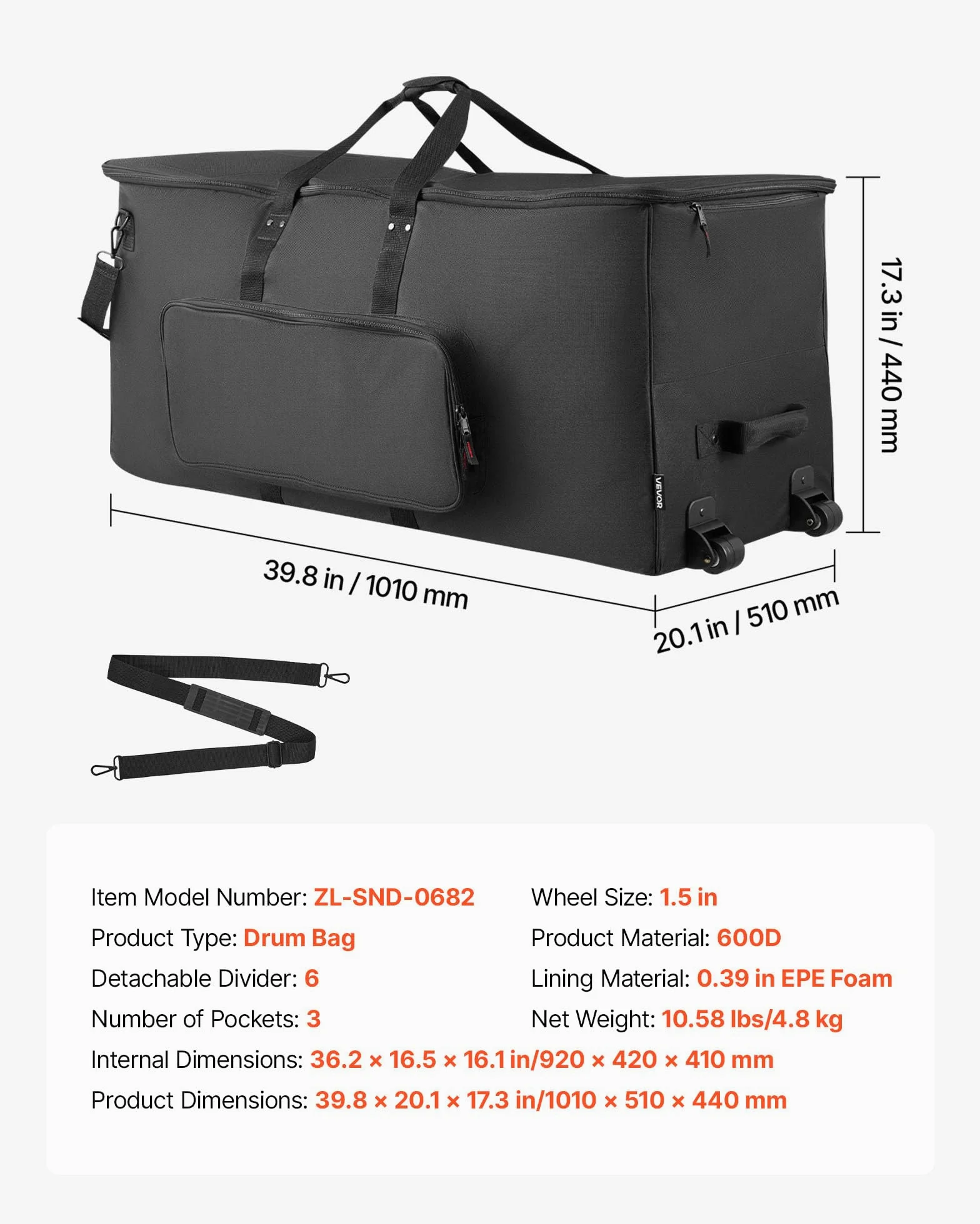 VEVOR Borsa per Batteria Elettronica in 600D, Borsa Imbottita con Ruote, Grande 91,4 x 42,1 x 41,9 cm di Interno, Custodia da Viaggio Leggera con Divisori Rimovibili, Tasche Multiple, Nero