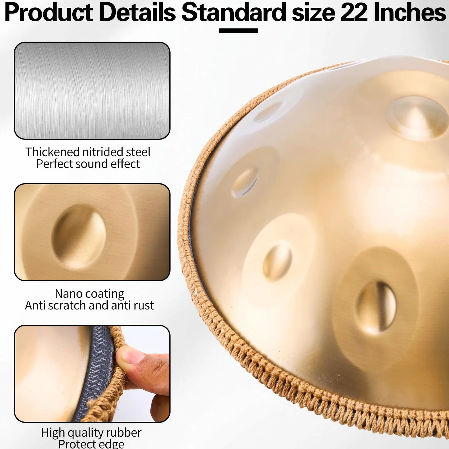 Handpan, strumento da 22 pollici, 10 note, 432 Hz, Hand Pan, Handpan Drum in Re minore, con borsa per tamburo, bacchette, supporto Steel Pan, per principianti, professionisti, musicoterapia