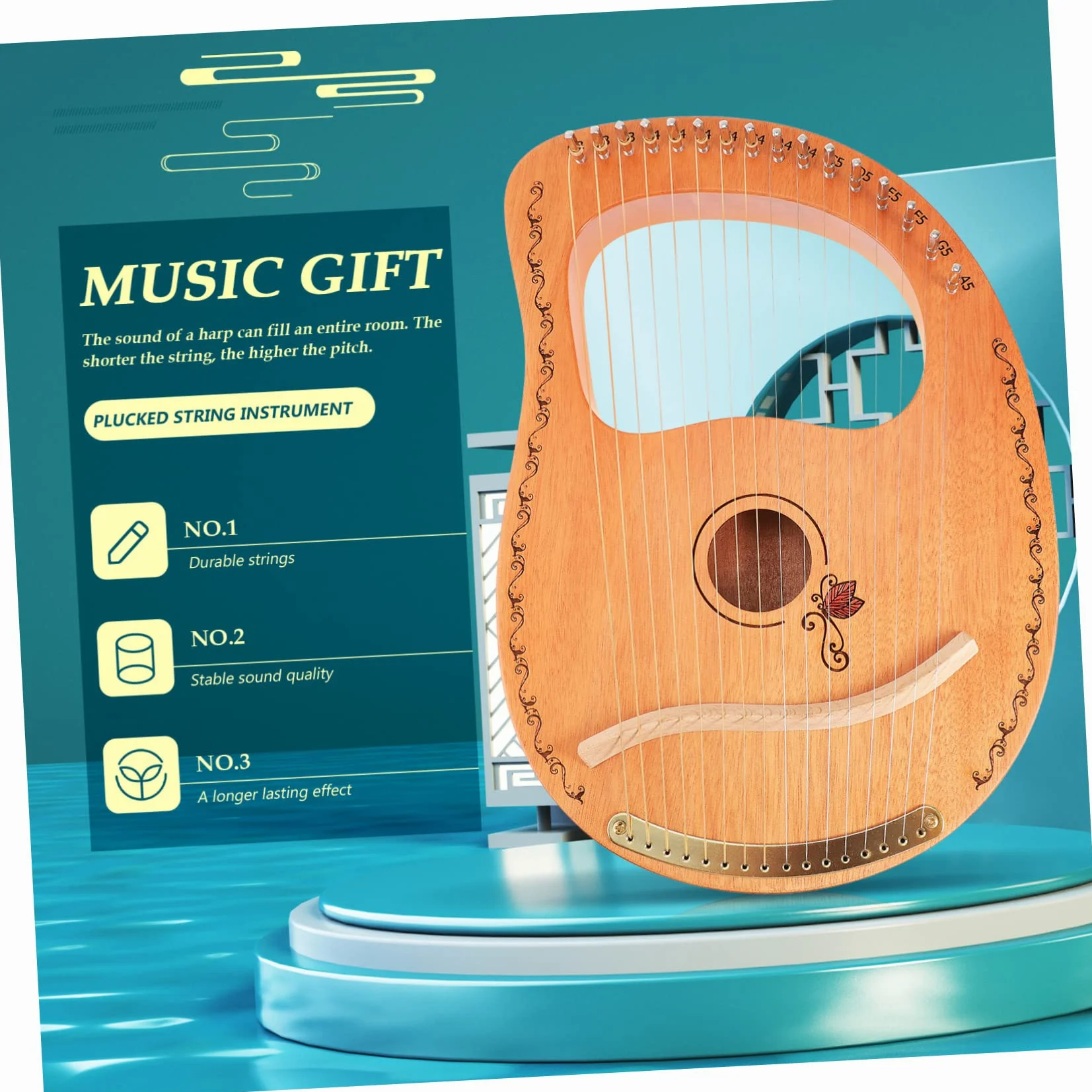 Toyvian Arpa Lira in Legno a 16 Corde Corde Arrotondate Per Presa Confortevole, Strumento Musicale Artigianale Dal Suono Meraviglioso, Come Regalo e Per Appassionati Di Musica