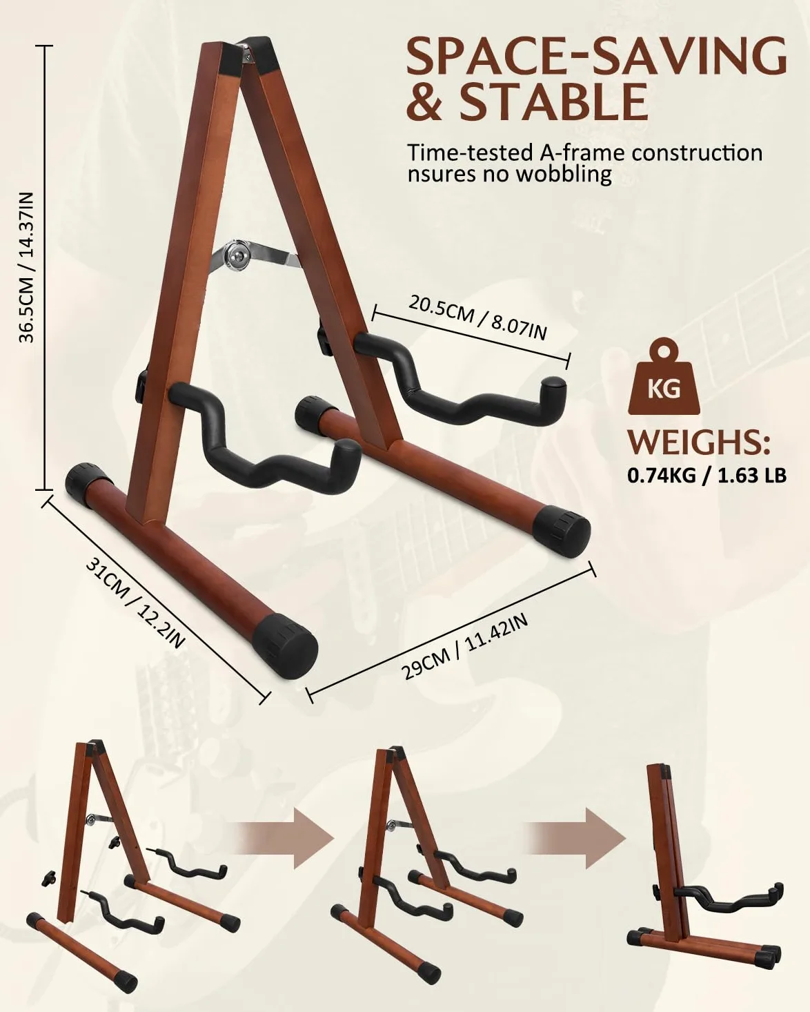 STRICH Supporto per chitarra in legno, pieghevole, stile A, per chitarra acustica, elettrica, da pavimento, per basso, violoncello, mandolino, banjo (colore noce)