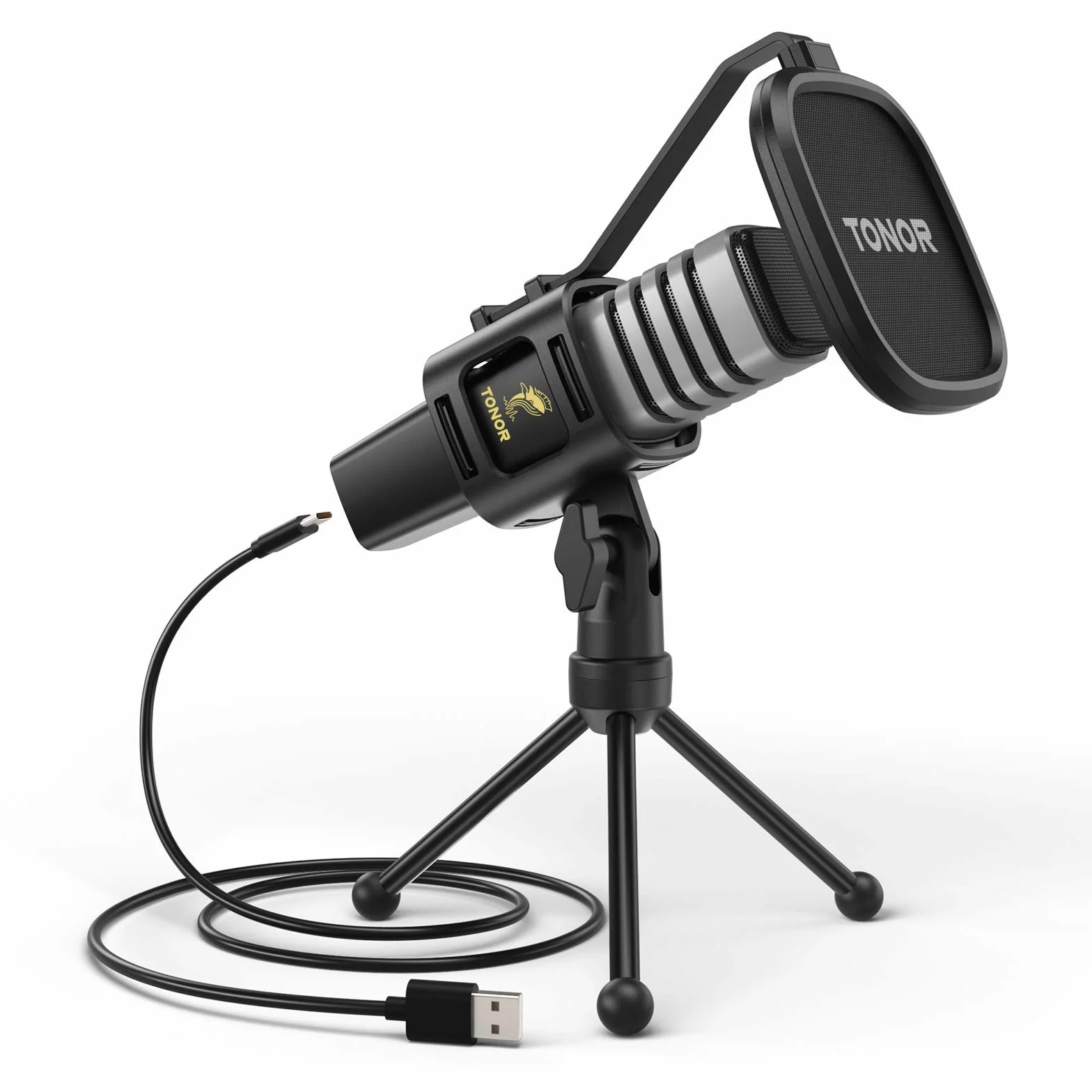 TONOR Micrófono USB de Cardioide Ordenadores PC, Micrófono con Soporte de Trípode, Filtro Antipop, Soporte Gaming, Streaming, Podcasts, Youtube, Locución, Skype, Twitch, Discord, 200 cm, TC30
