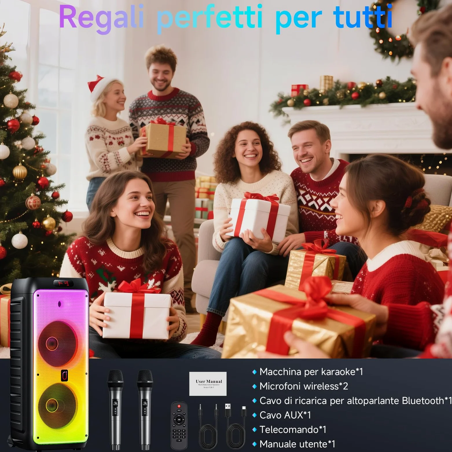 JYX Sistema Karaoke con 2 Microfoni Wireless, Altoparlante Karaoke Bluetooth Portatile Professionale con Luci LED, Ideale per Feste in Famiglia e Regali, Supporta USB/TF/AUX/MIC/TWS