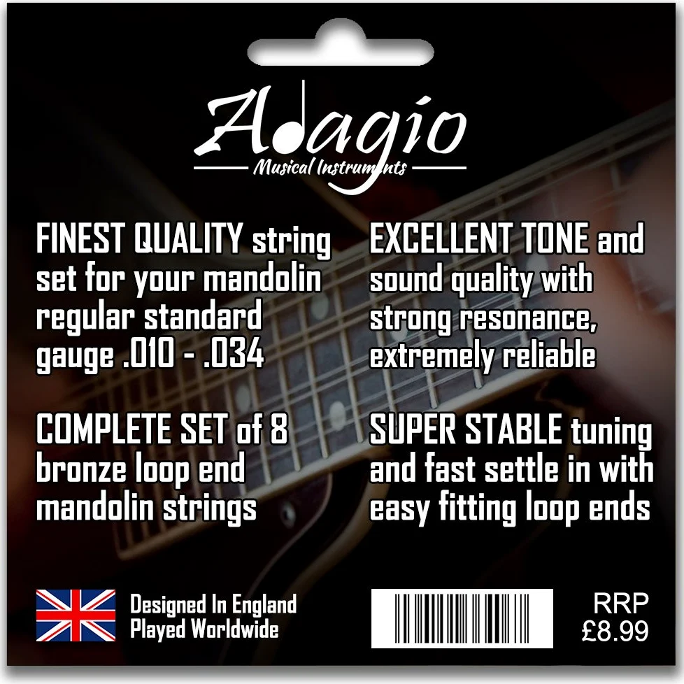 Adagio Pro - Set di corde per mandolino con ferita in bronzo fosforoso (luce standard, 010 - .034 con set di estremità Easy Fit, lunghezza lunga 74,9 cm