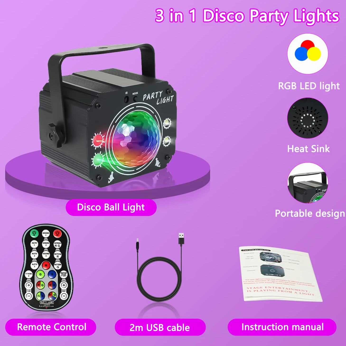 Luci Discoteca con Telecomando, Luci da Discoteca Acustiche Stroboscopiche a LED, Luci da Festa con cavo USB da 2M per Feste di Compleanno, Halloween, Natale