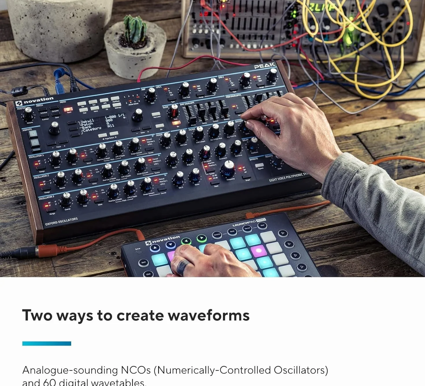 Peak di Novation, sintetizzatore polifonico senza tastiera ad otto voci con due LFO per voce, matrice di modulazione a 16 posizioni, tre punti di distorsione analogica ed effetti digitali.