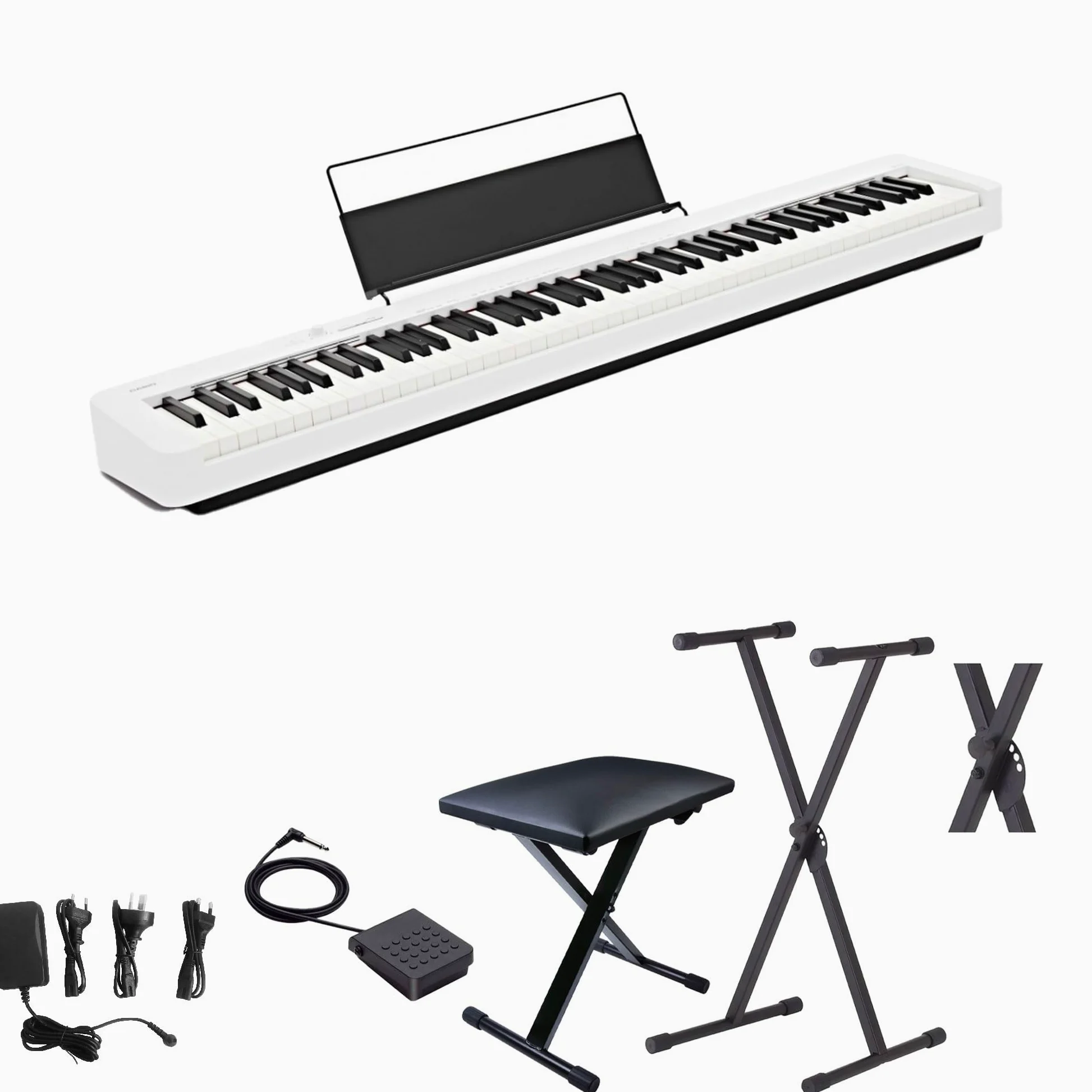 Set Scolastico per Casio CDP-S110 Bianco Piano Digitale 88 Tasti Pesati - Completo di Stand a X, Panchetta Regolabile, Alimentatore e Pedale