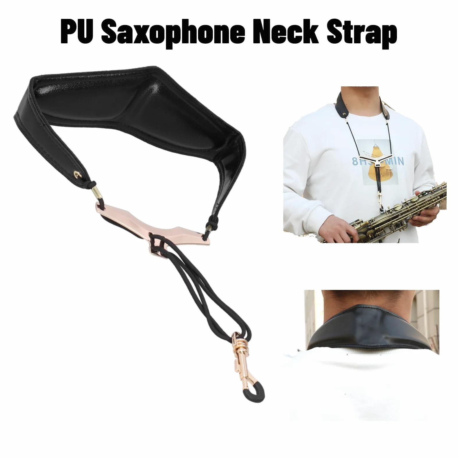 Tracolla per Sassofono Tracolla Regolabile per Sassofono in Pelle PU con Pulsante Girevole Protettivo in Metallo per Sax Alto Tenore Soprano